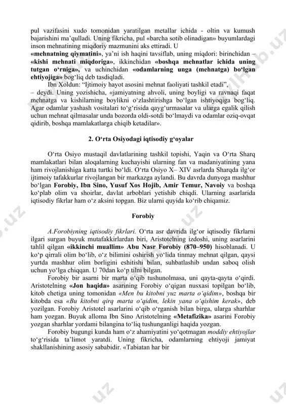 alar, ikkinchi bosqichda, olimning fikricha, ularga hunarmandchilik, savdo, ilm va san’at qo‘shiladi. iqtisodiyotning barcha tarmoqlarining muvaffaqiyatli rivojlanishi xalq boyligini bir necha bor ko‘paytirish, har bir kishining mo‘l-ko‘llikka erishish imkonini beradi. ammo ortiqcha moddiy boylik ishlab chiqarish imkoniyatini beruvchi sivilizatsiyaga o‘tish, olimning ta’kidlashicha, umumiy, ijtimoiy va mulkiy tenglik kelib chiqqanini, jamiyatning tabaqalarga bo‘linishi zarurligi tugaganini bildirmaydi. ibn xoldunning ko‘rsatib berishicha, fuqarolarni hayotiy zarur buyumlar va zeb-ziynat buyumlari bilan yoki uning atamasi bo‘yicha «zarur» va «zarur bo‘lmagan» buyumlar bilan ta’minlash, eng avvalo, shahar aholisining zichligiga bog‘liq. shahar aholisining zichligi uning rivojlangan yoki rivojlanmaganligining ramziy belgisi hisoblangan. shuning uchun agar shahar rivojlangan bo‘lsa, unda «zarur» va «zarur bo‘lmagan» buyumlar yetarli bo‘ladi; bunda: birinchisining bahosi (dehqonchilikda shaharliklar ham ishtirok etganligi tufayli) pasayib boradi, ikkinchining esa (zeb-ziynat buyumlariga talabning keskin o‘sishi sababli) bahosi oshib boradi. aksincha, shahar aholisining kamligi natijasida uning rivojlanmay qolishi barcha moddiy boyliklarning yetishmasligini va qimmatchilikni keltirib chiqaradi. shu bilan birga, mutafakkirning …