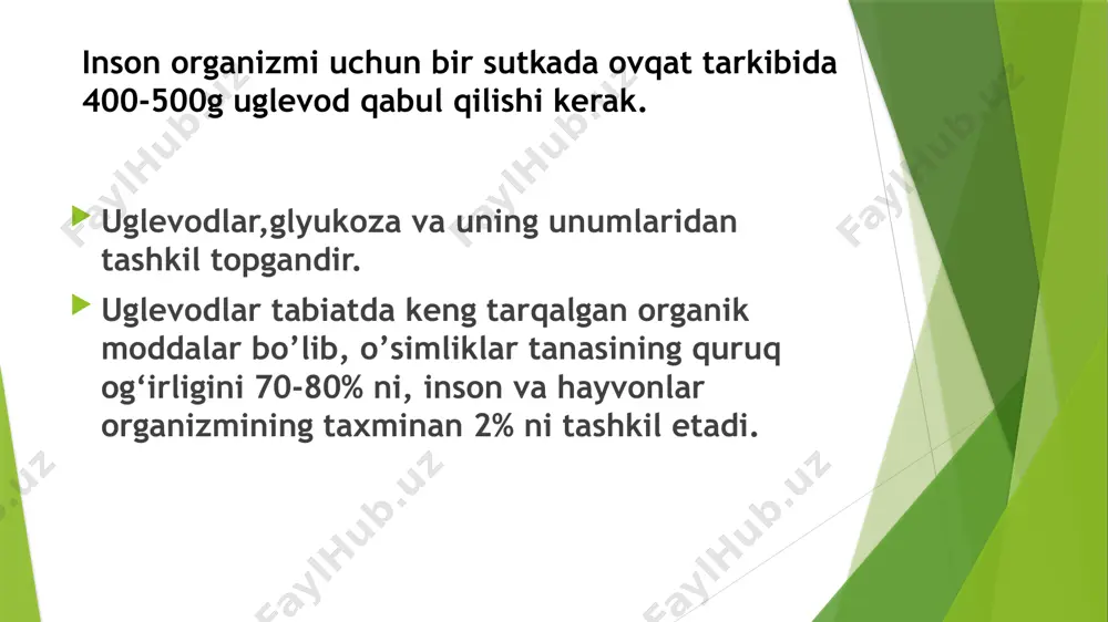 a bu fosfoglitserin aldegidi va piruvat orasidagi oksidoreduksiya bo’lib, bunda piruvat qaytariladi va sut kislotasi (laktat) hosil bo’ladi. glyukoneogenez – bu laktat va sikl krebs mahsulotlaridan glyukozaning biosintezidir. glyukoneogenez jigarda sodir byladi. glyukoza quyidagi moddalardan hosil buladi: 1.sut va pirouzum kislotalari 2.aminokislotalar ala, ser, sis, gli→pirouzum kislotasi asp →oksaloatsetat val, tre, met →suksinil-koa glu,pro, arg, gis →α-ketoglutarat 3. glitserin → digidroksiatsetonfosfat sut kislotasi (laktat) dan glyukoza sintezlanishining (glyukoneogenez) glikolizning qaytar protsessi bo’lib glikoliz: 1.geksokinaza glyukoza-6-fosfat - ingibitor 2.fosfofruktokinaza amf,fruktoza-2,6-bifosfat –aktivator atf, sitrat - ingibitor 3.piruvatkinaza fruktoza-1,6-difosfat - aktivator atf,alanin - ingibitor glyukoneogenez: 1.fruktoza-1,6-difosfataza atf, sitrat aktivator amf,fruktoza-2,6-bifosfat - ingibitor 2.piruvatkarboksilaza atsetil-koa – aktivator adf - ingibitor 3.fosfoenolpiruvatkarboksikinaza atsetil-koa - aktivator shunday qilib, hujayrada energiyaning kamayishi glyukoneogenezni to’xtatadi va glikolizni tezlashtiradi; aksincha hujayrada energiyaning ko’payishi esa glikolizni to’xtatib, glyukoneogenezni tezlashtiradi. qondan glyukoza maxsus glyut-tizimlari orqali o’tadi. qonda glyukozaning miqdori normada 3,5-6,1 mmol/l bo’ladi. glyut-1 - platsenta, miya, buyraklar, yo‘g‘on ichak, oz …