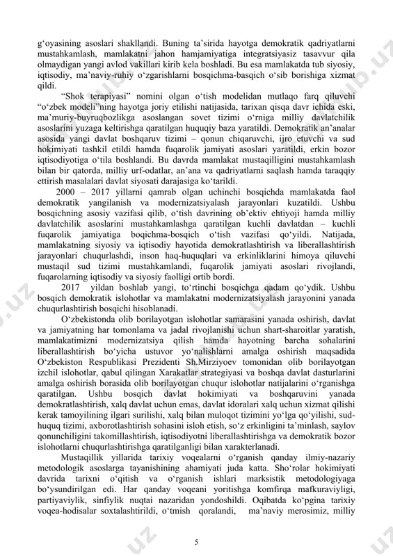 lgan mustaqil fandir. o‘zbekistonning mustaqillikni qo‘lga kiritish arafasidan boshlab to shu kunlargacha bo‘lgan davrda jamiyat hayotida sodir bo‘lgan ijtimoiy-iqtisodiy, siyosiy va madaniy-ma’naviy sohalardagi o‘zgarishlar, islohotlar jarayoni o‘zbekistonning eng yangi tarixi fanining predmeti hisoblanadi. o‘zbekistonnin eng tarixi fani dunyoda eng qadimiy va boy tarixga ega bo‘lgan o‘zbek xalqining mustaqillik yillaridagi tarixiy va ma’naviy taraqqiyotini o‘rganuvchi va o‘rgatuvchi fandir. fanni o‘qitishning maqsadi – mustaqillik yillarida o‘zbekiston respublikasida yuz bergan muhim o‘zgarishlar, tub islohotlarning mazmun-mohiyatini ko‘rsatish va jamiyat hayotida talabaning o‘rnini, o‘zligini anglatishdan iborat. fanni o‘qitishning vazifalari – mustaqillikka erishish arafasida o‘zbekistonda yuzaga kelgan murakkab vaziyatni hamda mustaqillik yillarida davlat boshqaruvi, ijtimoiy-iqtisodiy, siyosiy va ma’naviy hamda boshqa sohalardagi islohotlarning mazmun-mohiyatini talabalarga tushuntirib berish, ularni vatanga sadoqat va muhabbat ruhida tarbiyalash hamda milliy g‘ururni shakllantirishdan iborat. 2. o‘zbekiston tarixini davrlashtirish masalasi. ilmiy tadqiqotlarda o‘rta osiyo tarixi va madaniyati bo‘yicha turli tipdagi davrlashtirishlar qo‘llaniladi. ijtimoiy-iqtisodiy davrlashtirish ijtimoiy tuzum xarakteridan kelib chiqadi. bular: ibtidoiy-jamoa, quldorlik, feodal, …