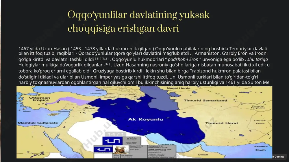 monidan mag’lubiyatga uchradi.15-asr oxirida feodal nizolar va xalq gʻalayonlari tufayli zaiflashgan oqqoʻyunlu davlati 1501 yilda safaviylar davlatiga asos solgan ismoil safaviy (u uzun hasanning ona tomondan nabirasi) boshchiligidagi qizilboshlar tomonidan nihoyat magʻlubiyatga uchradi. 8 etibo 9 image1.png image2.png image3.png image4.jpeg image5.jpeg image6.jpeg image7.png image8.jpeg image10.jpeg image9.png image11.jpeg image12.jpeg image13.jpeg image14.jpeg