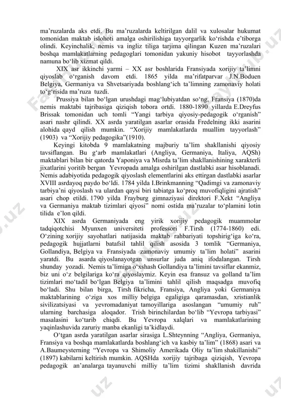 va daliliy ko‘rsatkichlar to‘plash maqsadi ko‘zda tutiladi. (masalan, sinf mashgulotlarining kunlik davomiyligi, o‘quv yili necha oydan iborat, imtihon o‘tkazish tartibi qanday, turli o‘quv muassasalarida bitiruvchilarga qanday turdagi diplom yoki shahodatnoma beriladi kabi). shuningdek, sezilarli darajada murakkab savollar ham mavjud bo‘lib, ular bugungi kunda ham fanda muammoli masalalardan hisoblanadi. o‘quvchilarning individual xususiyatlari hisobga olinishi va aniqlanishi qanday amalga oshiriladi? mehnatsevar, itoatkor, lekin etarli layoqatga ega bo‘lmagan bolalarning dars jarayonida aytarli mashaqqatsiz saboqni o‘zlashtirayotgan qobiliyatli bolalardan ortda qolishi, ularda maktabga nisbatan qoniqmaslik hissining paydo bo‘lishiga sabab bo‘lmaydimi? kabi savollarga javob izladi. jyulen so‘rovnoma yordamida olingan ma’lumotlar qaysi davlat ta’lim taraqqiyotida etakchilik qilmoqda, qaysilari ortda qolgan, rivojlanishga to‘sqinlik qiluvchi omillar va ularni bartaraf etish yo‘llari kabi muhim masalalarga oydinlik kiritishiga umid qilgan. bu g‘oyalarni amalga oshirish uchun umumyevropa ilmiy-pedogogik muassasa tashkil qilinishi kerakligini ta’kidlagan. bu muassasalarda o‘qituvchilar tayyorgarligini yaxshilashga yo‘naltirilgan ilmiy tadqiqotlar o‘tkazilishi va tajriba yo‘li orqali yangi pedagogik usullar amaliyotda sinab ko‘rilishini …