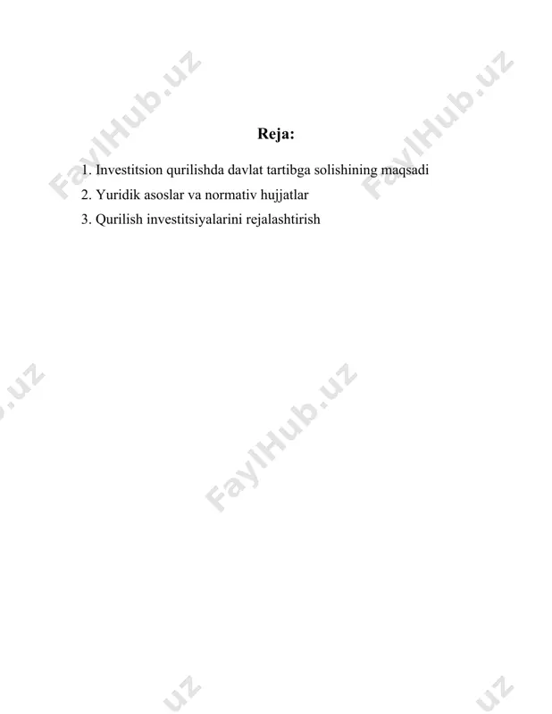 istonda bank kreditlari hajmi 2021 yilda 35% ga oshgan, bu qurilish sohasidagi loyihalarning moliyalashtirish imkoniyatlarini ko'rsatadi. 4. **hududiy rivojlanishni rag'batlantirish**: davlat investitsion qurilish orqali yirik shaharlar va viloyatlar o'rtasidagi xizmatlar va infratuzilma farqlarini kamaytiradi. bu borada, qishloq joylarda yo'l va elektr ta'minoti kabi loyihalar orqali hududiy rivojlanishga erishiladi. masalan, o'zbekistonning 2018-2022 yillarga mo'ljallangan qishloq joylarida infratuzilma rivojlantirish dasturi doirasida, 1500 kilometr yangi yo'llar qurilib, 500 dan ortiq ijtimoiy obyektlar foydalanishga topshirilgan. 5. **investorlarga ishonchni mustahkamlash**: sodiq va barqaror tartibga solish tizimi xorijiy va mahalliy investorlarga ishonch bag'ishlaydi. strategik rejalashtirish va qoniqarli huquqiy muhit yaratilishi natijasida 2020 yilda o'zbekistonga kirib kelgan to'g'ridan-to'g'ri xorijiy investitsiyalar hajmi qariyb 8 milliard aqsh dollarini tashkil etdi. 6. **atrof-muhitni muhofaza qilish**: davlat investitsion qurilish sohasidagi ekologik me'yorlarni belgilaydi va nazorat qiladi. bu orqali barqaror rivojlanishni ilgari surish va tabiiy resurslarni asrash maqsad qilinadi. 2021 yilda o'zbekistonda qabul qilingan "yashil qurilish" me'yorlari ekologik xavfsizlikni oshirishga qaratilgan. ushbu …
