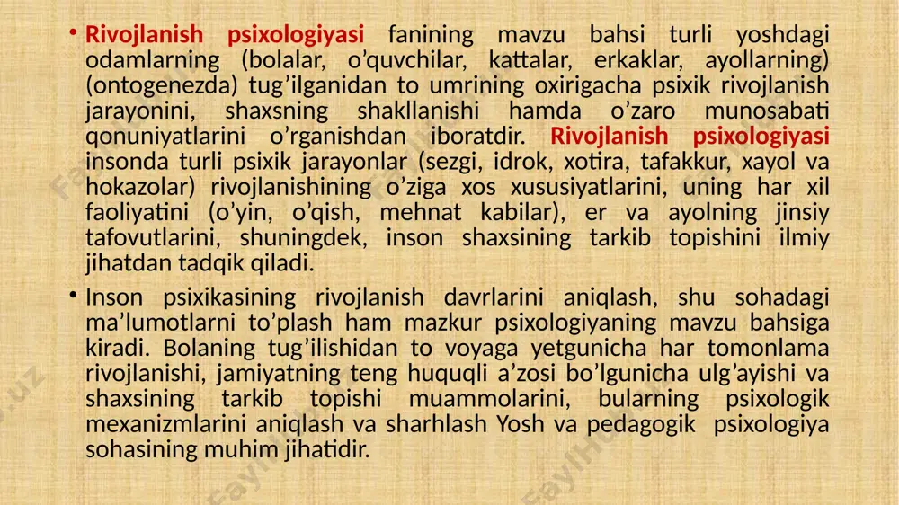 iyasi, gigiyena, pedagogika, etnografiya kabi fanlar shug’ullangani kabi uning kamol topishidagi qonuniyatlarni, subyekt psixikasini, ongining mantiqiy mexanizmlarini, umuman, odam zotining tug’ilganidan to voyaga yetgunicha psixik rivojlanishini psixo­logiya fanlari sistemasining alohida sohasi - bolalar psixologiyasi fani o’rganadi va tadqiq qiladi. yosh psixologiyasi (rivojlanish psixologiyasi)ning o‘rganish obyekti — ontogenezda normal, sog‘lom insonning o‘zgarishi va rivojlanishidir. yosh psixologiyasining predmeti — rivojlanishning yosh davrlari, bir yosh davridan keyingisiga o‘tishning sabablari, mexanizmlari, ontogenezda psixik rivojlanish, yo‘nalishlari, tempi, tendensiyalari va umumiy qonuniyatlaridir. yosh psixologiyasining bir qator muammolarini ajratib ko‘rsatish mumkin. 1. inson psixik xususiyatlari va xulq-atvori rivojlanishining organizm va muhitga bog‘liqligi muammosi. 2. insonning rivojlanishiga stixiyali ta’lim va tashkil etilgan ta’limning ta’siri muammosi. 3. layoqat va qobiliyatlarning o‘zaro munosabati muammosi. psixika va xulq-atvorda yuzaga keladigan bu turdagi yoshga xos o‘zgarishlar evolutsion o‘zgarishlar deb ataladi. evolutsion o‘zgarishlarda miqdoriy va sifatiy qayta qurishlar nisbatan sekinlik bilan amalga oshadi. nisbatan qisqa vaqt oralig‘ida jadal yuz beradigan chuqur o'zgarishlarni revolutsion …