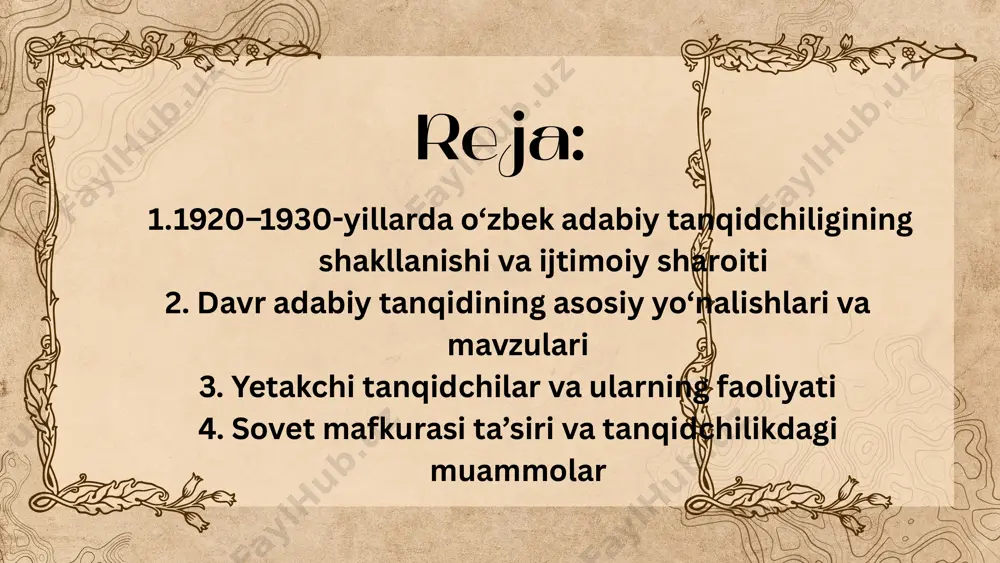 ilgari surgan. abdulla qodiriy – o‘z asarlari orqali tanqidiy fikrni ifoda etgan, jamiyatdagi illatlarni ko‘rsatgan. g‘afur g‘ulom, oybek, hamid olimjon kabi yozuvchilar esa 1930-yillarda tanqidning sotsialistik realizm yo‘nalishini rivojlantirishga hissa qo‘shganlar. abdurauf fitrat (1886–1938) “adabiyot qoidalari”, “milliy adabiyot haqida”, “adabiyotimiz yo‘li” kabi maqolalarida milliylik, badiiylik, xalq ruhiga yaqinlik kabi tushunchalar chuqur tahlil qilingan. fitratning tanqidchilik qarashlarida quyidagi g‘oyalar muhim o‘rin tutadi: adabiyot millatning ruhi, uning ma’naviy qiyofasini ifodalashi kerak; adiblar xalq dardini, orzu-umidini aks ettiruvchi bo‘lishi lozim; badiiy so‘z san’ati milliylik va universallik uyg‘unligida rivojlanadi. fitrat sovet mafkurasi bilan to‘qnash keldi, milliy g‘oyalarni ilgari surgani uchun 1938-yilda qatag‘on qilindi. ammo u o‘zbek tanqidchiligining ilmiy-nazariy poydevorini yaratgan siymo sifatida e’tirof etiladi. oybek (muso tashmuhammad o‘g‘li, 1905–1968) oybekning tanqidiy faoliyati o‘z davrining mafkuraviy doirasida bo‘lsa-da, u har doim adabiyotning insonparvarlik va badiiylik mohiyatini himoya qilgan. uning qarashlariga ko‘ra: adabiyot insonning ichki dunyosini ochib berishi kerak; tanqid asar mohiyatini chuqur anglab, adibning ijodiy …