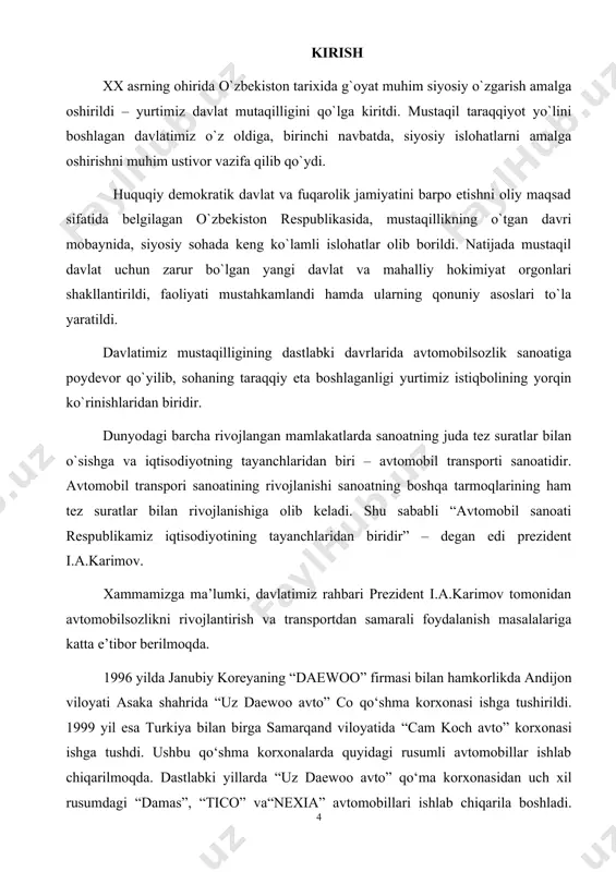 ega bo‘lgan «xorazm avtomobil ishlab chiqarish birlashmasi» mas’uliyati cheklangan jamiyati bazasida «damas» va «orlando» rusumidagi engil avtomobillar ishlab chiqarishni tashkil qilish», «jizzax viloyatida 760 ming tonna portlandtsement yoki 350 ming tonna oq sement ishlab chiqarishni yo‘lga qo‘yish», «80 ming tonna rux konsentratini qayta ishlash bo‘yicha rux zavodini rekonstruksiya qilish», «mis eritish zavodida yangi sulfat kislota tsexini qurish», elektr energiyasi ishlab chiqarish imkoniyatini 50 megavattga oshirish maqsadida «sirdaryo issiqlik elektr stansiyasini to‘liq miqyosda modernizatsiya qilish», qoraqalpog‘iston respublikasidagi «mang‘it» mas’uliyati cheklangan jamiyati bazasida yiliga 5 ming tonna mahsulot chiqarish quvvatiga ega bo‘lgan ip-kalava yigiruv korxonasi tashkil etish» va boshqa ob’ektlar haqida aytib o‘tdilar. ushu amaliy mashg`ulotlarda talabalar yetarlicha bilimlar olib ulardan kelajakda foydalanadilar degan umiddamiz. 1- amaliy mashg’ulot mavzu: transport vositalarida ishlatiladigan plastmassalarni sinash usularini o’rganish plastmassa materiallarning suv shimuvchanligini aniqlash. 1. ishning maqsadi: talabalarga plastmassa materiallarni suv shimuvchanligini aniqlashni o’rgatish. 2. kerakli asboblar va jihozlar. 1) qalinligi 3±0,2 mm va diametri …