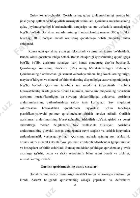ilish qorishmasining asosiy xossalari qorishmaning asosiy xossalariga mustah’kamligi va sovuqqa chidamliligi kiradi. zarurat bo’lganda qorishmaning asosga yopishishi va deformativ xususiyatlari (kirishishi, elastiklik moduli va sh.k) aniqlanadi. mustah’kamlik. qotgan qorishmaning mustah’kamligi mineral bog’lovchining aktivligiga, suv-tsement nisbatiga, qotish muddati va sharoitiga bog’liq bo’ladi. qorishmaning siqilishdagi mustah’kamligi (markasi) o’lchamlari 7,07x7,07x7,07 sm bo’lgan kublar yoki 4x4x16 sm to’sinchalarni standart usulda 28 sut. normal sharoitda saqlangandan keyin sinab aniqlanadi. tsementli qorishmaning mustah’kamligini tsementning aktivligi va tsement-suv nisbatiga bog’liqligi quyidagi formula yordamida aniqlanadi: r280,4rts(tss-0,3) ushbu formula yordamida mustah’kamlikni aniqlash g’ovak buyumlar ustiga yoyiladigan tsementli qorishmalarga taluqli bo’ladi. g’isht, beton va boshqa g’ovak materiallarga yoyiladigan tsementli qorishmalar mustah’kamligi tsement-suv nisbatiga bog’liq bo’lmay, balki faqat tsementning sarfiga bog’liq bo’ladi va quyidagi formula yordamida aniqlanadi: r28krts(ts-0,05)4 keltirilgan formula tsement-oh’akli qorishmalarga tegishlidir: ts-tsement sarfi, tm 3 qumga nisbatan; k koeffitsienti qumning sifatiga bog’liq: yirik qum uchun-2,2, o’rtacha yiriklikdagi qum uchun-1,8 va mayda qum uchun-1,4. tsementli aralash qorishmalarning mustah’kamligi qorishma tarkibiga …