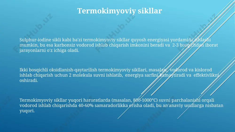 kin. koks gazining konversiyasi jarayonida co ning h₂ ga aylanishi 400-500°c harorat va katalizator (masalan, temir oksidi) ishtirokida amalga oshiriladi, bu esa vodorod hosil bo'lish samaradorligini oshiradi. elektroliz usuli elektrolizning samaradorligi elektrod materiallarining turiga, elektrolitning tarkibiga va ishlayotgan temperaturaga bog'liq bo'lib, 70-80% ga yetishi mumkin. elektroliz jarayonida suvning parchalanishi uchun kamida 1,23 v kuchlanish kerak, bu esa faraday qonunlariga bo'ysunadi va hosil bo'lgan vodorod miqdorini aniqlash imkonini beradi. alkalin elektroliz suvni 25-80°c haroratda parchalaydi va 1 kvt soat energiya sarf qilib taxminan 50 litr vodorod hosil qiladi. fotosintez fotosintez jarayonida suv molekulalarining (h₂o) yorug'lik energiyasi ta'sirida parchalanishi natijasida yiliga taxminan 100 milliard tonnadan ortiq vodorod hosil bo'ladi, ammo bu energiya manbai hozircha samarali qayta ishlanmaydi. fotosintetik bakteriyalar, masalan, yashil oltingugurt bakteriyalari, vodorod ishlab chiqarishda muhim rol o'ynaydi va ularning fotosintez samaradorligini oshirish bo'yicha tadqiqotlar olib borilmoqda. fotosintez orqali vodorod olishning asosiy cheklovchi omillaridan biri bu jarayonning past samaradorligi (1-3%) va …