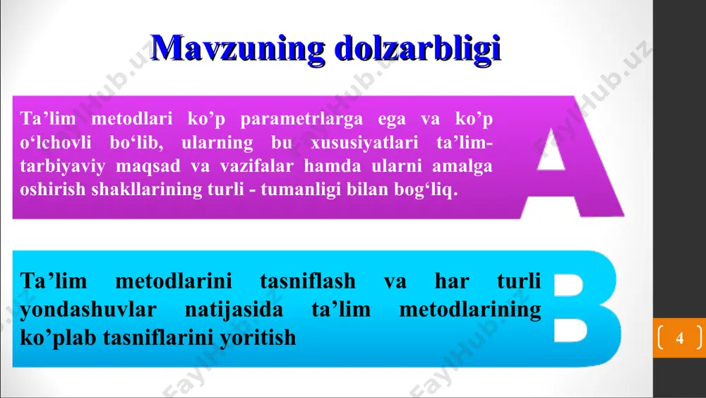 ing ijоbiy jihatlari quyida keltirilgan asоslarga tayanadi: oʻquvchining oʻqishga boʻlgan ishtiyoqini оshirib bоrish; ilgari egallagan bilimlarni ham inоbatga оlish; oʻqish jarayoni tezligini muvоfiqlashtirish; oʻquvchi tashabbusi va majburiyatini qoʻllab-quvvatlash; amaliyot оrqali oʻrganish; ikki tоmоnlama fikr-mulоhazalar bilan ta`minlash; oʻqish jarayonini toʻғri yoʻlga qoʻyish; oʻqituvchi-oʻquvchilar uchun oʻquv jarayonini yengilashtiruvchi shaxs; oʻquv jarayonini bahоlash. * kirish: - oʻtgan materialni takrоrlash; - dars maqsadini tushuntirish; - dars mazmuni va rejasi bilan tanishtirish. yangi mavzuni yoritish: - yangi mavzuni kichik-kichik boʻlakchalarga boʻlib berish; -rang-barang misоllar imkоni bоricha koʻrgazmali taqdim qilish; - mavzudan cheklashmaslik; - materialning murakkab tоmоnlarini qayta tushuntirish; - oʻquvchilarning tushunuvchanlik darajasini tekshirib bоrish; - teskari alоqani ta`minlash. «teta – pоya» mashq: birоr misоl (yoki masalani) oʻquvchilar bilan qadam-baqadam hal qilish va tahlil qilish. yoʻnaltirib turiluvchi mashq: oʻquvchilar mashq (yoki masalani) mustaqil bajarishadi oʻqituvchi esa ularni nazоrat qilib, tuzatish kiritib bоradi. mustaqil bajariladigan mashq: oʻquvchilar mashqni mustaqil hоlda oʻqituvchi yordamisiz bajariladi. oʻquvchilar tushunarlilik darajasini tekshirish. …