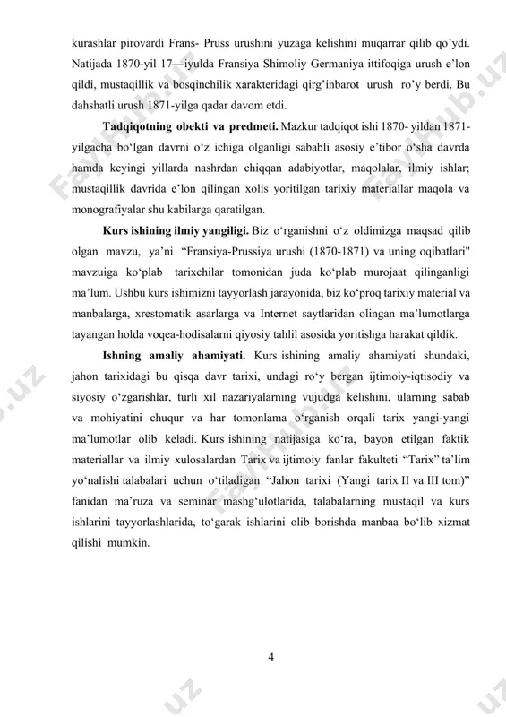 i ro‘y bergan ijtimoiy-iqtisodiy va siyosiy o‘zgarishlar, turli xil nazariyalarning vujudga kelishini, ularning sabab va mohiyatini chuqur va har tomonlama o‘rganish orqali tarix yangi-yangi ma’lumotlar olib keladi. kurs ishining natijasiga ko‘ra, bayon etilgan faktik materiallar va ilmiy xulosalardan tarix va ijtimoiy fanlar fakulteti “tarix” ta’lim yo‘nalishi talabalari uchun o‘tiladigan “jahon tarixi (yangi tarix ii va iii tom)” fanidan ma’ruza va seminar mashg‘ulotlarida, talabalarning mustaqil va kurs ishlarini tayyorlashlarida, to‘garak ishlarini olib borishda manbaa bo‘lib xizmat qilishi mumkin. i bob. fransiya-prussiya urushi arafasida bu mamlakatlardagi ijtimoiy siyosiy jarayonlar. 1.1.fransiyaning urush arafasidagi siyosiy-ijtimoiy ahvoli. xix asrning 60-yillari ikkinchi yarmidan boshlab fransiya imperatori napoleon iii mavqeyiga putur yetdi. buning asosiy sababi—fransiyaning o`z qo`shnilari bo`lgan angliya va germaniyadan tobora orqada qolayotganligi bo`ldi. ayni paytda, fransiya tashqi siyosatda ham muvaffaqiyatsizlikka uchray boshladi. “1869-1870 yillarda fransiyada bonapartchilar rejimining krizisi juda ham kuchayib ketdi. buni, ikkinchi imperiya dushmanlarigina emas, balki uning tarafdorlari ham imperatorning o‘zi va uning …