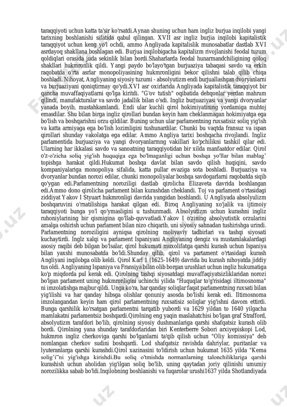 bilan tugagan inqiloblar; sanoat inqilobi; yirik kapitalistik sanoatning jadal rivojlanishi; burjua-milliy harakatlari va urushlari; yangi milliy davlatlarning tashkil topishi; ishchilar harakatining oʼsishi; kapitalizm ziddiyatlarining kuchayishi; markscha mafkuraning paydo boʼlishi. xvii asrga kelib insoniyat tarixidagi o'rta asrlar davri feodal yermulk munosabatlarining cheksiz hukmronligiga putur etdi. xvii-xviii asrlarda qo'l mehnatiga asoslangan manufakturalar o'rnini mashinalashgan kapitalistik korxonalar egalladi.sanoat to'ntarishi yuz berdi. bu inqilobiy o'zgarish jamiyat hayotining barcha sohalariga-iqtisod, siyosat, ijtimoiy va madaniyat jabhalariga, kishilarning ongi va ruhiyatiga, mehnati va turmushiga ta'sir qildi. angliyada vujudga kelgan va jahonning eng yirik mamlakatlarini qamrab olgan bu o'zgarishlar, kishilik jamiyati tarixida yangi davrni boshlab berdi. bu davrda sodir bo'lgan voqea-hodisalar hozirgi zamon tarixchiligida "yangi tarix" - deb nomlangan fan tomonidan o'rganiladi. shunday qilib, "yangi tarix" fanining predmeti insoniyat tarixining xvii asr o'rtalarida angliyada bo'lib o'tgan burjua inqilobidan to xx asr boshlarigacha, ya'ni 1-jahon urushiga qadar voqealarini o'z ichiga oladi."yangi tarix" insoniyat taraqqiyotining muhim bosqichlaridan biri bo'lib, uni …
