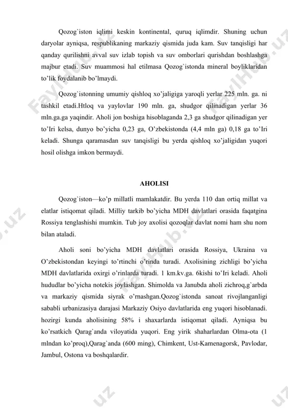 ,1 11,2 aholining umumiy soni (mln. kishi) 6,5 9.3 13,0 14,7 16,5 16,9 16,6 ​​​​​​​​​​​​​​​​ qozog`iston respublikasi goskomstat ma'lumotlari jadvaldan ko’rinib turibdiki, so’nggi yillarda aholi soni ortib borish o’rniga kamayib bormoqda. buning asosiy sababi tabiiy o’sishning pasayib borayotganidir (1987 yil har ming kishiga 18.1 kishi to’іri kelgan bo’lsa, bu ko’rsatkich 1994 yil 8.8 kishiga tushib qoldi). lekin tabiiy ko’payish millatlar orasida ham keskin farq qiladi. eng yuqori tabiiy ko’payish o’zbeklarda 24,7 %, ozarbayjonlarda 24.3%, qozoqlarda 21.9% bo’lsa, eng past ko’rsatkich ruslarda 2.7%, ukrainlarda 10%, nemislar da 3 7 va xokazo. tabiiy o’sish kamaysa ham bu ko’rsatkich qishloq joylarda yuqoriligicha saqlanib qolmoqda. bu yerda xar 1000 kishiga tuіilish o’rtacha 20.4 kishi to’іri kelmoqda. so’nggi yillarda tabiiy resurslar asosida rivojlanayotgan shaharlarda aholi soni ortib bormoqda, yirik aglomerasiyalar vujudga kelmoqda. masalan:qarag`anda, jezqazіan aglomerasiyalari, balxash shahri va boshqalar. hozirgi vaqtda hududiy mehnat taqsimotida ixtisoslashgan tarmoqlar—rangdor metallurgiya, ko’mir. ximiya (o’іgit ishlab chiqarish), mashinasozlik (ko’p metall …