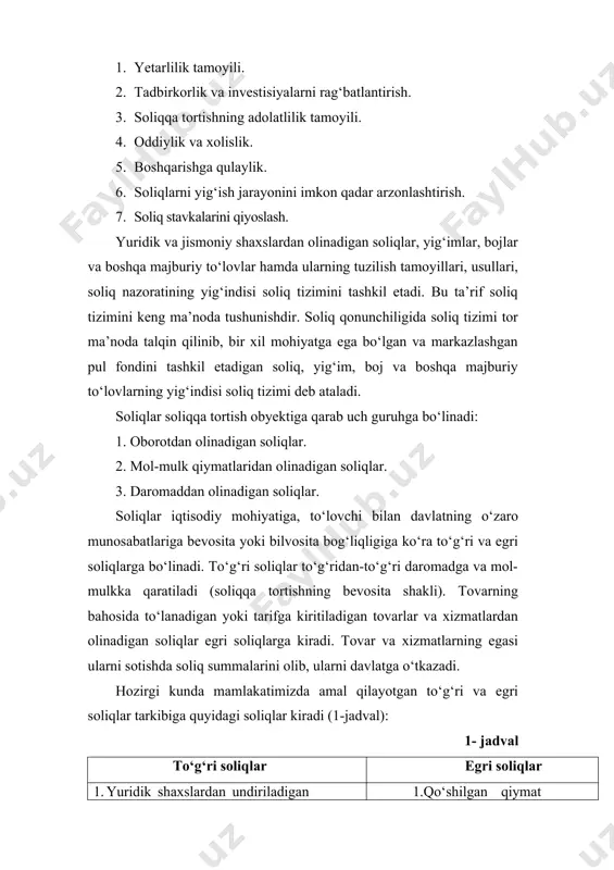ntirish solig‘i va boshqalar. 1.qо‘shilgan qiymat solig‘i 2.aksiz solig‘i 3.jismoniy shaxslardan transport vositalariga benzin, dizel yoqilg‘isi va suyultirilgan gaz ishlatganlik uchun olinadigan soliq 4.bojxona tо‘lovlari va b. mustaqillik yillarida soliq tizimi islohoti rivojlanishini yaqqol kо‘rsatish uchun shu davrni tо‘rt bosqichga bо‘lib kо‘rsatish mumkin. birinchi bosqich 1991-1994 yillar - о‘zbekistonning о‘z soliq tizimini tashkil etish va soliqlarning xazinaviy ahamiyatini oshirish bosqichidir. soliq islohotlarining ikkinchi bosqichi soliqlarni bozor iqtisodi talablariga moslashtirish va korxonalarning ishlab chiqarishni rag‘batlantirishga qaratish davridir. bu davrga 1995 —1997 yillar tо‘g‘ri keladi. soliq islohotining uchinchi bosqichi 1998 yildan 2008 yilgacha bо‘lgan davrni о‘z ichiga oladi. bu bosqichni soliq tizimida soliqlarni ixchamlashtirish konsepsiyasining boshlanish davri deb atash mumkin. mamlakatimizda yuz bergan iqtisodiy о‘zgarishlar, bozor munosabatlariga asoslangan jamiyatga о‘tib borilishi daromadga jismoniy shaxslar daromadiga solinadigan soliqning belgilanishi va tо‘planishida ham jiddiy о‘zgarishlar yuz berishiga sabab bо‘ldi. mazkur о‘zgarishlar va islohatlarning barchasi 2007 yil 23 noyabrda qonunchilik palatasi tomonidan qabul qilingan, 2007 …