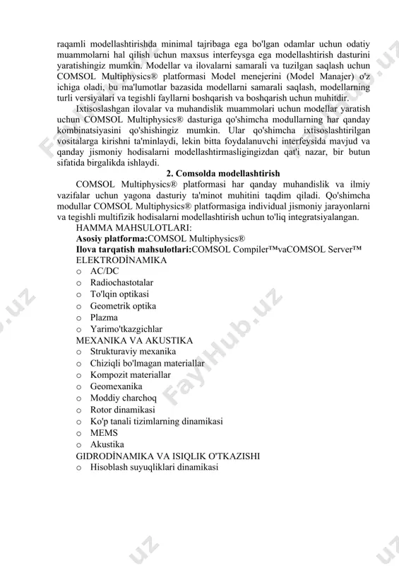gi barcha modullar qaysi fizik hodisalarni modellashtirganingizdan qat'iy nazar, yagona birlik sifatida ishlaydi. comsol multiphysics® dasturiy ta'minoti. raqamli simulyatsiya orqali real jismoniy jarayonlar va qurilmalarni tushunish, bashorat qilish, optimallashtirish. muhandislar va olimlar comsol multiphysics® dasturidan muhandislik, ishlab chiqarish va ilmiy tadqiqotlarning barcha sohalarida tuzilmalar, qurilmalar va jarayonlarni modellashtirish uchun foydalanadilar. comsol multiphysics® platformasi yordamida siz individual va o'zaro bog'liq jismoniy jarayonlarni tahlil qilishingiz mumkin. modelni ishlab chiqish muhiti (model builder), sizga geometrik modelni yaratish, materiallarning xususiyatlarini o'rnatish va masalaning fizikasini tavsiflashdan simulyatsiya natijalarini yechish va vizualizatsiya qilishgacha bo'lgan barcha bosqichlardan o'tish imkonini beradi. modelni ishlab chiqqandan so'ng, siz uning asosida "application builder" dasturida keng doiradagi foydalanuvchilar, shu jumladan hamkasblar, mijozlar va raqamli modellashtirishda minimal tajribaga ega bo'lgan odamlar uchun odatiy muammolarni hal qilish uchun maxsus interfeysga ega modellashtirish dasturini yaratishingiz mumkin. modellar va ilovalarni samarali va tuzilgan saqlash uchun comsol multiphysics® platformasi model menejerini (model manajer) o'z ichiga oladi, bu …
