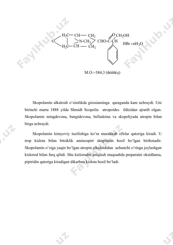 gi eritmasiga bromfenol yashili indikatoridan qo‘shib, sirka kislota ishtirokida kumush nitratning 0,1n. eritmasi bilan titrlanadi. 2. preparatning aniq miqdorini suvsiz sirka kislotada eritiladi. so‘ngra unga qo‘rg‘oshin atsetatdan qo‘shib, kristallo binafsha indikatori ishtirokida suvsiz sirka kislota tayyorlangan perxlorat kislota bilan titrlanadi. skopolamin organizmga atropinga o‘xshash tasir ko‘rsatadi. uning tinchlantiruvchi va uxlatuvchi xossasi atropinga nisbatan kuchliroq. skopolamin poroshogi ichiriladi, sterillangan eritmalari teri ostiga yuboriladi. og‘zi mahkam yopilgan, qo‘ng‘ir shisha bankalarda ehtiyotlik bilan (a ro‘yxat) saqlanadi. gomatropin gidrobromid (homatropini hydrobromidum/ homatropinum hydrobromicum) gomatropin kimyoviy jihatidan bitsiklik aminospirt- tropin va bodom kislotaning birikishidan hosil bo‘lgan murakkab efirdir. tabiatda sof holda uchramaydi, uni sintetik usullar bilan olinadi. gomatropinni sintez qilish uchun avval benzaldegiddan bodom kislotani olib, so‘ngra unga aminospirt – tropin tasir ettiriladi. hosil bo‘lgan gomatropin-asos beqaror bo‘lganligi va suvda yomon eriganligi sababli uni gomatropin gidrobromidga o‘tkaziladi. gomatropin gidrobromid oq, hidsiz poroshok bo‘lib, suvda eriydi. spirtda qiyin, xloroformda kam eriydi, efirda esa erimaydi. 210-2140 da …