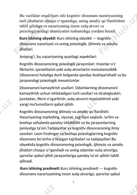 digan noqulaylikni o'rganadi. leon festinger tomonidan 1957-yilda ishlab chiqilgan. kognitiv dissonans nazariyasining asosiy prinsipi shundaki, odamlar o‘z qarashlari, xulq-atvorlari yoki e'tiqodlari o‘rtasidagi nomutanosiblikni boshdan kechirganlarida ichki noqulaylik va stress his qiladilar. bu nomutanosiblik (dissonans) odamning ongida qarama-qarshi fikrlar yoki xulq-atvorlar mavjud bo‘lganda yuzaga keladi. bunday holatni boshdan kechirgan odamlar esa dissonansni kamaytirish yoki bartaraf etish uchun turli usullarni qo‘llaydilar. bu usullar odatda odamning fikrlarini o‘zgartirish, xulq-atvorlarini moslashtirish yoki yangi ma'lumotlarni qabul qilish orqali amalga oshiriladi. kognitiv dissonansni kamaytirish uchun odamlar uchta asosiy strategiyani qo‘llashadi. birinchidan, ular qarorlar yoki xulq-atvorlarini o‘zgartirishga harakat qiladilar, chunki o‘z fikrlarini o‘zgartirish dissonansni kamaytirishi mumkin. ikkinchidan, odamlar o‘zlarini noqulay holatlardan qutqarish uchun yangi ma'lumotlarni qabul qilishadi, bu yangi ma'lumotlar esa dissonansni o‘zgartirishga yordam beradi. uchinchidan, odamlar dissonansni kamaytirish uchun o‘zlarini oqlashga intilishadi, ya'ni o‘z fikrlarini yoki xulq-atvorlarini oqlab, bu holatni mantiqiyroq qilishga harakat qiladilar. kognitiv dissonans nazariyasi insonlarning qarorlar qabul qilish jarayonlarini va ijtimoiy muhitdagi xulq-atvorlarini …
