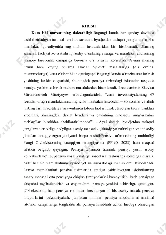 anish va amalda qo‘llash muhim ahamiyatga ega hisoblanadi. ijtimoiy ta’minot rivojlanishining dastlabki bosqichida ish haqi yuqori bo‘lgan xodimlar o‘zini-o‘zi sug‘urtalashlari mumkin, degan qoidaga amal qilgan. keyinchalik esa ijtimoiy ta’minot tizimining taraqqiyoti jarayonida pensiya nafaqalarning qat’iy belgilangan miqdori yuzaga keldi va sug‘urta bilan hammani qamrab olish g‘oyasi paydo bo‘ldi. sug‘urta tizimiga yuqori haq oladiganlarni jalb qilishda boshqa muammo paydo bo‘ldi - o‘rtacha ish haqiga mos badallarning standart darajasi eng kam ish haqi oladiganlar uchun og‘ir yuk bo‘lib tushdi. o‘z navbatida eng kam ish haqi darajasiga asoslangan nafaqa yuqori ish haqi oluvchilarni also qoniqtirmasligi ma’lum bo‘ldi. natijada ish haqi miqdoriga muvofiq ravishda badallar yig‘ib olishga asoslangan pensiya va nafaqalar tizimi paydo bo‘ldi. ijtimoiy ta’minot ish beruvchilar va ularning xodimlari tomonidan boshqariladigan xususiy tizimi bilan bir vaqtda rivojlandi. bu esa keksalikni to‘la ta’minlashga mo‘ljallangan tizimni yuzaga keltirdi. ya’ni: ✓ qat’iy miqdordagi davlat pensiyalari yoki ish haqi asosida hisoblangan pensiyalarni; ✓ xususiy fondlardan mablag‘ …