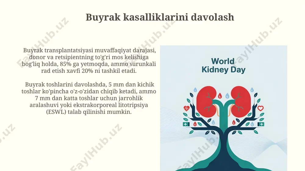 ak tomonidan kalsitriol sintezining pasayishiga olib keladi, bu esa gipokaltsiyemiya va suyaklarning yumshoqlashuviga (osteomalasiya) yoki bolalarda raxitga olib kelishi mumkin. buyrak yetishmovchiligi belgilari buyrak yetishmovchiligi bilan og‘rigan bemorlarda qon bosimining 140/90 mm hg dan yuqori bo‘lishi, shuningdek, teri quruqligi va qichishishi kuzatiladi. gemoglobin darajasining 10 g/dl dan pastga tushishi, anemiya rivojlanishi buyrak yetishmovchiligining jiddiy belgilaridan hisoblanadi. qon bosimini tartibga solish buyrak qon bosimini tartibga solishda renin-angiotenzin-aldosteron tizimi muhim rol o'ynaydi, bu jarayonda angiotenzin ii qon tomirlarini toraytirib, qon bosimini 15-20% ga oshiradi. buyraklar qon hajmini tartibga soladi, ortiqcha suv va natriyni siydik orqali chiqarib, qon plazmasining hajmini va shu bilan birga qon bosimini nazorat qiladi; bu jarayon diuretik gormonlar ta'siriga bog'liq. e'tiboringiz uchun rahmat @taqdimot_robot image2.jpg image3.jpg image4.jpg image5.jpg image6.jpg image7.jpg image8.jpg image9.jpg image10.jpg image11.jpg image12.jpg image13.jpg image14.jpg image15.jpg image16.jpg image17.jpg image18.jpg