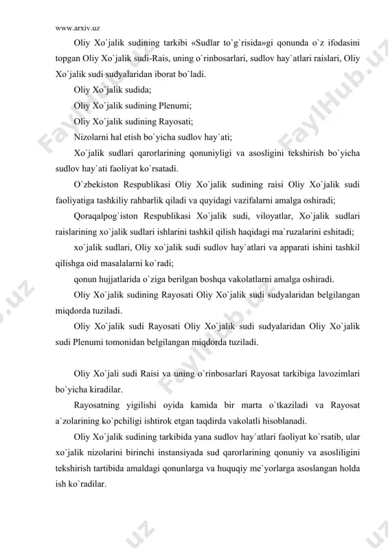 arning buzilgan yoki nizolashilayotgan huquqlarini yoxud qonun bilan qo`riqlanadigan manfaatlarini himoya qilish bilan bu borada qonunchilikni mustahkamlash va shartnoma munosabatlaridagi huquqbuzarlikni oldini olishga qaratilganligi xo`jalik protsessual kodeksining 3-moddasida o`z ifodasini topganligi bu sudlarning asosiy vazifasi ekanligini bildiradi. amaldagi qonunlarda xo`jalik nizolarini hal qilishga qaratilgan xo`jalik sudlarining vakolatlari birmuncha kengaytirilib, jamoa xo`jaliklari, tadbirkorlik bilan shug`ullanuvchi fuqarolarning ham iktisodiy munosabatlaridan kelib chiqadigan nizolari shu sudlarga taalluqli qilib belgilangan (o`zbekiston respublikasi oliy xo`jalik sudi plenumining 1994 yil 18 oktabrdagi nizolarining xo`jalik sudloviga taalluqligiga doir ayrim masalalar).1 xo`jalik sudlarida ish ko`rish taalluqlilik qoidasiga rioya qilgan holda amalga oshiriladi. xo`jalik protsessual kodesida manfaatdor taraf xo`jalik nizolaridan qaysi turdagi ishlar yuzasidan sudga murojaat etishi mumkinligi berilgan, ularga: 1) yuridik shaxslar (bundan buyon matnda-tashkilotlar) o`rtasidagi, yuridik shaxs tuzmagan holda yakka tartibdagi tadbirkor maqomini qonunda belgilangan tartibda olgan fuqarolar o`rtasidagi (bundan buyon matnda-fuqarolar) fuqarolik, ma`muriy va boshqa huquqiy munosabatlar natijasida iktisodiy sohada hamda uni boshqarish jarayonida kelib chiqadigan …