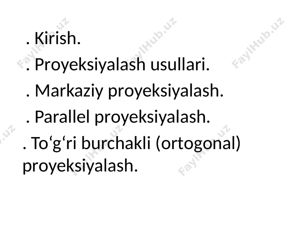 miy geometriyaning bir shoxobchasi bo‘lib: u narsalarni tasvirlash usullari yordamida ularning shakllari, o‘lchamlari va o‘zaro joylashishlariga tegishli pozitsion va metrik masalalarni yechishni o‘rganadi. u stereometrik obektlarning planometrik tasvirlarini yaratish va ular ustida pozitsion, metrik va konstruktiv masalalar yechish yo’llarini o’rganadi. shakllarning bizga ma’lum bo‘lgan barcha geometrik xossalarini ularning chizmalaridan olingan ma’lumotlardan ham aniqlasa bo‘ladi. shuning uchun ham buyumlarning chizmalarini ularning geometrik xususiyatlarini o‘zida aks ettiruvchi tekis geometrik modellar deb atash mumkin. ma’lumki, geometrik shaklning xossalarini analitik va grafik usullarda tekshirish mumkin. figuralarning grafik modeliga asosan ularning analitik usulda berilishini va aksincha, figuralarning analitik ko‘rinishidan ularning chizmalarini yasash usullarini chizma geometriyada ham ko‘rish mumkin. tasvir yasash usullari muhim geometrik tushunchalardan biri – shakllarni tasvirlashdir. geometrik tasvirlash bu biror ɵ shaklning nuqtalari bilan ikkinchi ɵ1 shaklning nuqtalari orasida bir qiymatli moslik o‘rnatishdir. chizma geometriyada uch o‘lchamli r3 fazoning har bir nuqtasini ikki o‘lchamli r2 fazoning (tekislikning) har bir nuqtasiga aniq grafik qoidalar …