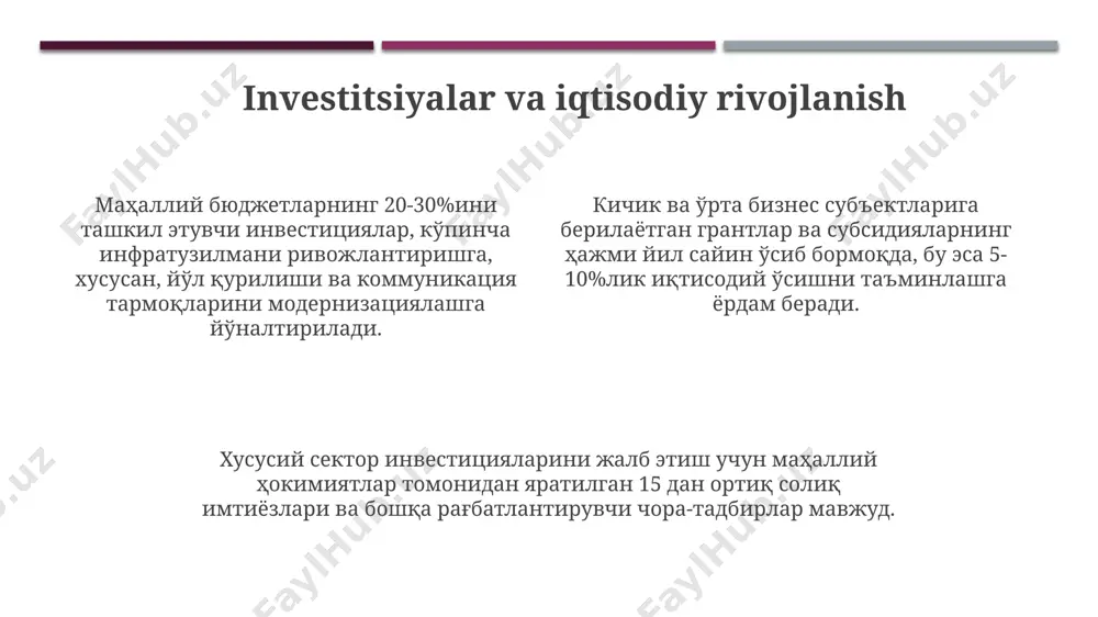 5 yil muddatga saylanadi, ularning faoliyati o'zbekiston respublikasi qonun hujjatlariga muvofiq amalga oshiriladi. mahalliy kengashlar faoliyati davomida kamida 4 marta yig'ilish o'tkazishi va aholining kamida 70% qatnashgan jamoat tinglovlarini tashkil etishi shart. kengashlarning asosiy vazifalaridan biri 5 ta asosiy yo'nalish bo'yicha mahalliy byudjetni shakllantirish va ijro etish, shuningdek, mahalliy ahamiyatdagi muammolarni hal qilish hisoblanadi. mahalliy hokimiyat tuzilmasi mahalliy hokimiyat tizimi 3 darajali bo'lib, fuqarolar yig'inlari, tuman/shahar hokimliklari va viloyat hokimliklarini o'z ichiga oladi, ularning har biri o'z vakolat doirasida 10 dan ortiq funksiyani bajarishi mumkin. qishloq fuqarolar yig'inlari saylanadigan organlar bo'lib, 500 dan 3000 gacha aholiga xizmat ko'rsatadi va mahalliy muammolarni hal qilishda muhim rol o'ynaydi, byudjetning kichik qismini boshqaradi. tuman/shahar hokimlari o'zbekiston respublikasi prezidenti tomonidan tayinlanadi va 5 yil muddatga ishlaydi, ularning faoliyati mahalliy kengashlar tomonidan nazorat qilinadi. e'tiboringiz uchun rahmat @taqdimot_robot