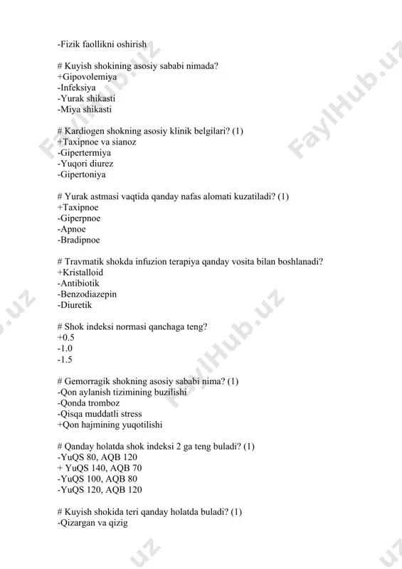 nimani kuzatamiz? - kungil aynish va qusish + gemiplegiya va sezgi buzilishi - til qaltirashi - yurak urishining sekinlashuvi # antioksidant sifatida insultda qaysi dori qullaniladi? - analgin + meksidol - prednizolon - fenobarbital # . eklampsik komada tutqanoqqa qarshi birinchi yuboriladigan vosita: - korglikon + magniy sulfat - furosemid - sorbilakt # . gemorragik insultda yurak faoliyatini qullab-quvvatlash uchun nima beriladi? - antibiotiklar + yurak glikozidlari - karbamazepin - antidepressantlar # . bosh miya qon aylanishi buzilishida universal (bazis) davolash bosqichlaridan biri: - diabetni davolash - antikoagulyant berish + nafasni tiklash (intubatsiya, usv) - upka shishini kuchaytirish # barbituratli komaning asosiy klinik belgisi nima? - teri qizarishi - giperaktivlik - taloq ogrishi + markaziy genezli nafas yetishmovchiligi # opiatli zaharlanishda quyidagilardan qaysi biri kuzatiladi? - midriaz - taxikardiya + mioz - psixomotor quzgalish # etanol bilan zaharlanishda birinchi navbatda qaysi azoga tasir qiladi? - buyrak + markaziy asab tizimi …