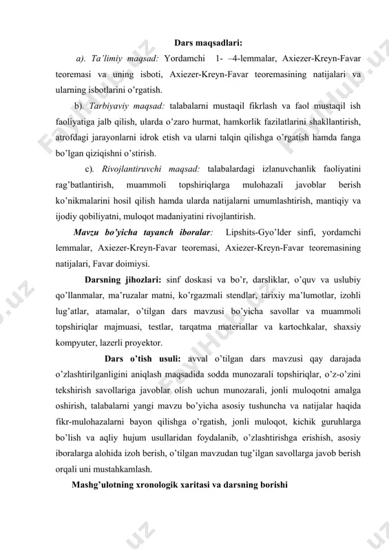 erishish, asosiy iboralarga alohida izoh berish, o’tilgan mavzudan tug’ilgan savollarga javob berish orqali uni mustahkamlash. mashg’ulotning xronologik xaritasi va darsning borishi tashkiliy qism (5 minut): dars xonasining sanitariya holatini kuzatish, davomat va talabalarning darsga tayyorligini tekshirish. o’tilgan mavzuni mustahkamlash (10 minut): funksiyaning uzluksizlik modulini, qavariq funksiyani, qavariq uzluksizlik modulini, uzluksizlik moduli asosida aniqlanadigan funksional sinflarni kiritish va ular o’rtasidagi munosabatlarni ifodalaydigan xossalarni o’rganish hamda ularning asosiy qismini isbotlash yuzasidan olgan bilimlarini o’z-o’zini tekshirish savollariga javoblar orqali aniqlash. yetishmagan bilimlarni to’ldirish. yangi mavzu bayoni (50 minut) ma`ruza sinflarga mansub funktsiyalarni tartibi dan oshmaydigan trigonometrik ko’pxadlar bilan tekis metrikada eng yaxshi yaqinlashtirish nazariyasining to’g’ri teoremalariga, ya`ni ning nolga intilish tartibi funktsiyaning silliqlik darajasidan qanday bog’liqligi haqidagi tasdiqlarga bag’ishlangan. teorema 13.1. (axiezer_kreyn_favar). agar bo’lsa, u holda tengsizlik o’rinlidir. bu yerda – favar doimiysi. 13.1 yordamchi 13.1- – 13.4- lemmalar. teoremaning isboti quyidagi 4 ta lemmalarga asoslangan . lemma 13.1. agar bo’lsa, u holda …
