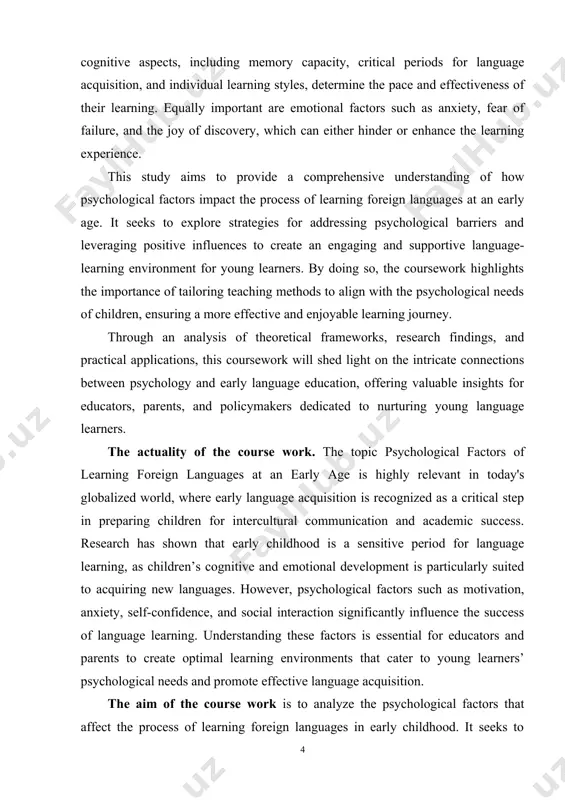 g the interaction between teaching methods, learning environments, and children’s psychological states. the practical value of the course work. this coursework provides actionable insights for educators, parents, and language instructors. by understanding the psychological factors that affect early language learning, teachers can adopt methods tailored to children’s cognitive and emotional needs, such as incorporating play-based learning, reducing anxiety, and fostering intrinsic motivation. the study highlights ways to create a positive and encouraging atmosphere that boosts children’s confidence and willingness to participate in language activities. it offers practical solutions for common challenges, such as managing language learning anxiety, building resilience, and improving memory retention in young learners. the findings can guide parents in providing effective support for their children’s language learning journey at home. the theoretical value of the course work. this coursework contributes to the theoretical understanding of the relationship between psychology and early language acquisition. by exploring the role …