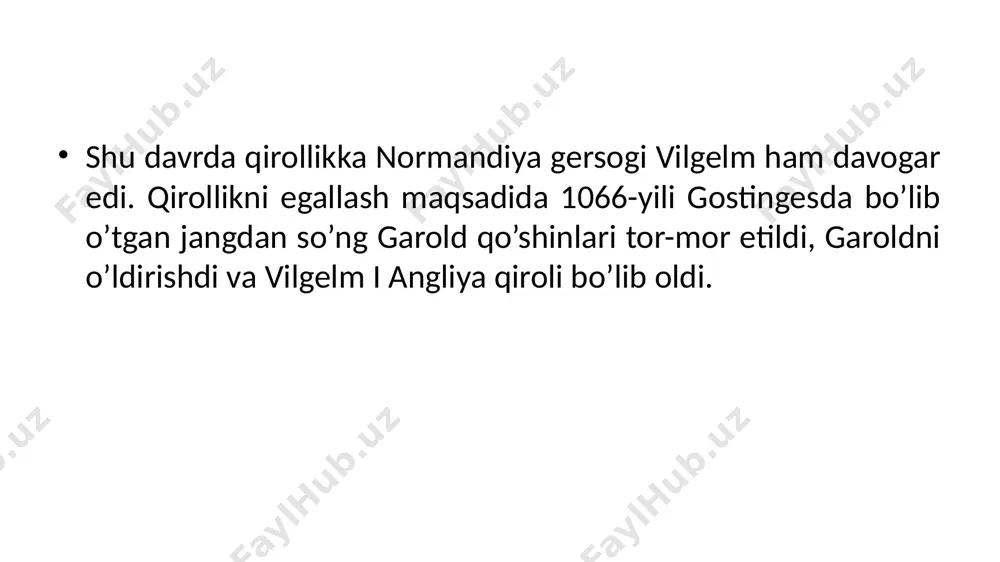 d kitobi" deb atadilar. vilgelm i ning bu tadbirdan ko`zlagan asosiy maqsadi - mamlakatda haqiqatda qancha yer maydoni borligini aniqlash orqali xazinaga tushadigan daromadni ko`paytirish edi. vilgelm i ning oqilona siyosati kuchli qirollik hokimiyati vujudga kelishini ta'minladi. avvalo, yirik shaharlar qirol hokimiyatini qo`llab-quvvatladilar. buning asosiy sababi shaharlarning asosan qirolga qarashli yer-mulklarda joylashganligi edi. nima uchun qirol shaharlarni qo’lladi? qirol ham shaharlarni qo`llab-quvvatladi. chunki, birinchidan, shaharlar qirolga katta daromad keltirgan bo`lsa, ikkinchidan, yirik feodallarga qarshi kurashda shaharlar qirolning tayanchi edi. shu sababli feodallar shaharlarga tazyiq o`tkaza olmaganlar. qirol hokimiyatini ritsarlar ham qo`llab-quvvatlashgan. kuchli qirol hokimiyati ularni katta yer egalari tajovuzidan muhofaza qilishning asosiy kafolati edi. qanday omillar asosida angliya markazlashgan davlatga aylandi? qirol hokimiyatining mustahkamlanishi bilan angliya markazlashgan davlatga aylana borgan. yuqorida qayd etilgan omillar angliyada markazlashgan davlat vujudga kelishini fransiyaga nisbatan yengil ko`chishiga imkon bergan. “buyuk erkinlik partiyasi". qayd etilgan omillar angliyada siyosiy hayot osoyishta kechgan, degan fikrni anglatmaydi. fransiyada …