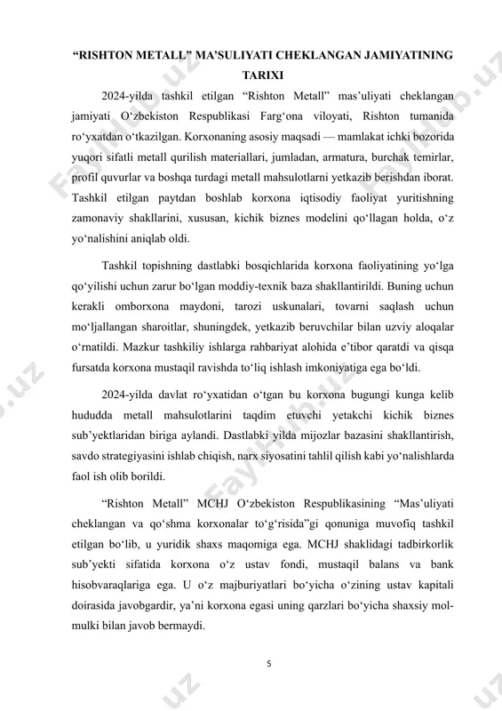 riy etish. korxonaning asosiy xaridorlari qurilish tashkilotlari, kichik tadbirkorlar va yakka tartibdagi shaxslar hisoblanadi. yiliga bir necha ming tonna metall mahsulotlar savdosi amalga oshirilmoqda. bu holat korxonaning iqtisodiy barqarorligini ta’minlab beradi. korxonaning moliyaviy faoliyati buxgalteriya hisobi, hisobotlar va real pul oqimlari orqali kuzatib boriladi. eng muhim moliyaviy ko‘rsatkichlar quyidagilar: · daromadlar – mahsulotlar sotishdan tushgan umumiy tushum; · sof foyda – jami daromaddan barcha xarajatlar (ish haqi, ijaralar, logistika, soliq) ayirib tashlangandan keyin qoladigan mablag‘; · aylanma mablag‘lar – mahsulot sotishdan tushgan va keyingi faoliyatga yo‘naltirilgan resurslar; · to‘lovga layoqatlilik – qisqa muddatli majburiyatlarni bajarish imkoniyati; moliyaviy barqarorlik – qarz va o‘z mablag‘lari o‘rtasidagi optimal nisbat. korxona kichik hajmda ishlayotgan bo‘lishiga qaramay, ushbu ko‘rsatkichlar har chorakda monitoring qilinadi. balans, foyda va zarar hisobotlari muntazam tuzilib boriladi. korxona o‘zining hisob-kitob siyosatini ehtiyotkorlik bilan yuritadi: naqd va naqdsiz to‘lovlar balansda ajratilgan, oldindan to‘lov va qarz usullari orqali ish yuritiladi. “rishton metall” mchj …