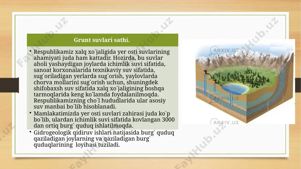 iya maqsadlarida ham ishlatiladi. yer osti suvlarining to‘ldirilishi va tortib olinishi . infiltratsiya va perkolyatsiya jarayonlari orqali yer osti suvlari to‘ldiriladi. o‘zbekiston sharoitida: ✓ meteorik yog’inlar yiliga umumiy 2–12 km³ foydali infiltratsiya hosil qiladi, ammo asfalti qatlamlari va intensiv sug’orish tarmoqlari bu ko‘rsatkichni 30–40 % ga kamaytiradi. ✓ yuzaki suv havzalari (amudaryo, sirdaryo) bo‘ylab filtr zonalari orqali qo‘shimcha 1–2 km³ dan ortiq suv yer ostiga singadi. ✓ sun’iy to‘ldirish amaliyoti o‘zbekistonda hali keng tatbiq qilinmagan, ayrim eksperimental loyihalar farg’ona vodiysi va toshkent atrofida kichik infiltratsion basseynlar orqali yiliga 0,2–0,5 km³ suvni akviferga yuborishni nazarda tutadi. suv sathining o‘zgarishi va quduqlarning holati. so‘nggi uch o‘n yillikda grunt va arteziyan suvlari sathi bo‘yicha quyidagi tendentsiyalar kuzatildi: ✓ grunt suvlari: farg’ona vodiysi markazida yiliga o‘rtacha 0,3–0,5 m, qashqadaryo cho‘l zonasida esa 0,8–1,2 m pasayish. ✓ arteziyan bosim: toshkent va samarqand viloyatlarida 1990–2020 yillarda bosim 10–15 bar pasaydi, bu quduqlardan suv chiqarish hajmini pasaytirishga …