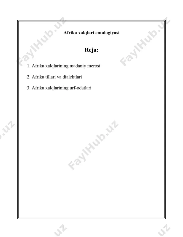 tanilgan nigeriya hududidan kelib chiqqan san'at asarlari o'zining murakkab detal ishlanishi va noyob texnikasi bilan mashhur. benin shahrida yiliga o'n mingdan ortiq bronza va tosh haykallar yaratilgan. janubiy afrika va botsvana hududlarida joylashgan tsodilo tepaliklari afrikaning qadimgi zamonlardan qolgan yodgorliklaridan biri hisoblanadi. bu yerda 4500 dan ortiq g'or rasmlari topilgan, ularning yoshi 2000 yildan ortiq. bu rasmlar qadimgi san xalqi tomonidan yaratilgan bo'lib, ular afrikaning eng qadimgi xalqlaridan biri hisoblanadi. afrika musiqa va raqs madaniyati ham dunyoga mashhur. afrika musiqa asboblaridan biri - djembe, bu g'arbiy afrikada keng tarqalgan zarb asbobidir. afrika foyton raqsi esa benin, nigeriya va boshqa g'arbiy afrika mamlakatlarida keng tarqalgan. ushbu raqslar va musiqa dunyo bo'ylab o'n minglab odamlar tomonidan o'rganilgan va ijro etilgan. adabiyotda janubiy afrikalik nobel mukofoti sovrindori nadine gordimer va nigeriyalik chinua achebe kabi yozuvchilar afrika madaniyatini butun dunyoga tanitishda katta hissa qo‘shganlar. chinua achebening "qulash" (things fall apart) romanida afrika yashash tarzi …