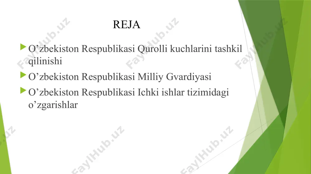 ldi 1991 yil 31 avgustda qabul qilingan «o’zbekiston respublikasi davlat mustaqilligining asoslari to’g’risida»gi qonunda huquqiy jihatdan mustahkamlandi va «o’zbekiston respublikasi mudofaa ishlari vazirligini tuzish, milliy gvardiya va noharbiy (muqobil) xizmatni tuzish huquqiga ega», deb belgilandi. bu amalda yosh respublikaga harbiy siyosatni amalga oshirish huquqini berdi. o’zbekiston respublikasi birinchi prezidenti i.karimov «milliy armiyamiz - mustaqilligimizning, tinch va osoyishta hayotimizning mustahkam kafolatidir» asarida ta‟kidlaganidek, 1991 yil 31 avgustda qabul qilingan «o„zbekiston respublikasi davlat mustaqilligining asoslari to„g„risida»gi tarixiy qonunning 6-moddasiga binoan davlatimiz, xalqaro huquq sub‟ekti sifatida, o„z qurolli kuchlarini tashkil etish huquqiga ega bo„lgani va bu huquqni izchil amalga oshira boshlaganidan dalolat berar edi. mudofaa ishlari vazirligining tashkil etilishi bilan mamlakat hududidagi davlat harbiy mashinasi barbod bo„lishining oldi olindi, yangi vujudga kelgan davlat xavfsizligi himoyasi ta‟minlandi, turli millatga mansub bo„lgan harbiy xizmatchilarning fuqarolik huquqlari kafolatlandi. o„zbekiston respublikasi o„z qurolli kuchlarini tuzishda birlashgan millatlar tashkilotining huquqiy me‟yorlari, yevropada xavfsizlik va hamkorlik bo„yicha xelsinki yakunlovchi …
