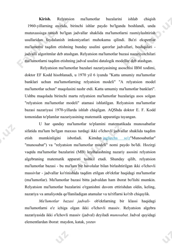 r qanday shaxsning xususiyatlarini o'ziga xos tarzda belgilaydi. jismoniy shaxs(kadrlar bo'limi yoki korxona buxgalteriya hisobi uchun tegishli ma'lumotlar bazasi jadvallarini tuzishda). jadvalning kaliti bitta emas, balki bir nechta maydon bo'lishi mumkin. bunday holda, maydonlar to'plami faqat ikkita vaqtga bog'liq bo'lmagan shartlar bajarilganda jadval uchun mumkin bo'lgan kalit bo'lishi mumkin: yagonalik va minimallik. birlamchi kalitning bir qismi bo'lmagan har bir maydon jadvaldagi kalit bo'lmagan maydon deb ataladi. o'ziga xoslik kalit har qanday vaqtda ma'lumotlar bazasi jadvali bir xil kalit maydon qiymatlariga ega bo'lgan ikkita turli yozuvni o'z ichiga olmaydi. yagonalik shartining bajarilishi majburiydir. vaziyat minimallik kalit maydonlar faqat tanlangan maydonlar qiymatlarining kombinatsiyasi ma'lumotlar bazasi jadvali yozuvlarining o'ziga xosligi talablariga javob berishini anglatadi. bu shuningdek, kalitga kiritilgan maydonlarning hech biri noyoblikni buzmasdan undan chiqarib tashlanishi mumkin emasligini anglatadi. bir nechta maydonlardan iborat bo'lgan ma'lumotlar bazasi jadvalining kalitini shakllantirishda quyidagi qoidalarga amal qilish kerak: siz kalitga jadval maydonlarini kiritmasligingiz kerak, ularning qiymatlari jadvaldagi …