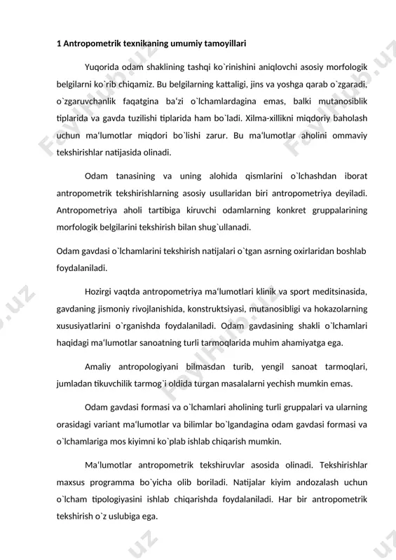 alar kiyim andozalash uchun o`lcham tipologiyasini ishlab chiqarishda foydalaniladi. har bir antropometrik tekshirish o`z uslubiga ega. a) antropometrik uslub tamoyillari. to`g`ri ma‘lumotlar olish uchun o`lchashlar metodikasi ishlov berishni talab etadi. o`lchashlarni o`tkazayotgan shaxslar o`lchash texnikasini mukammal egallagan bo`lishlari kerak. chunki bunda har bir nuqtaning aniqligi va o`lchash yullarining qat‘iyan o`xshashligi talab qilinadi. gavda o`lchamlari o`lchanayotgan odamning holatiga bog`liq, shuning uchun barcha o`lchashlar bir xil holatga olib boriladi: a) o`lchanayotgan odam to`g`ri, hech qanday zo`riqmasdan, odatdagi qomatini saqlab turadi; b) bosh aniq bir tekislikda belgilanadi; s) qo`llar gavda bo’ylab pastga tushirilgan, barmoqlar pastga cho`zilgan; d) oyoqlarning tizzalari to`g`ri, tovonlari birgalikda, oyoqlarining uchi ayrim holatda bo`ladi. e) o`lchashlar yalang`och gavda bo’ylab o`tkaziladi; f) har bir odamni ikkita mutaxassis tekshiradi. biri o`lchaydi, ikkinchisi esa yozib boradi. yozayotgan kishi asbobning holati va o`lchanayotgan kishining turish holatini ko`rib turadi. 2 antropometrik tekisliklar, o`qlar, chiziqlar va nuqtalar. odam gavdasi fazoda qurilgan. juda murakkab geometrik figura bo`lgan …