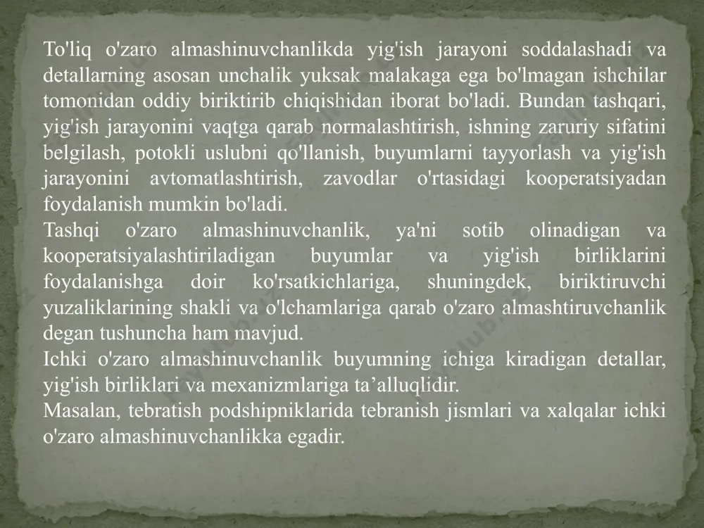 015 ; burchakli o'lchamlar esa - graduslar, minutlar yoki sekundlarda qo'yiladi: 5° 30'45". 1-rasm. qamrovchi va qamraluvchi detallar va o’lchamlar mashinalar detallarining birikmalari uchun joizliklar va o'tqazishlar tizimining tuzilishi uslubiyoti o'lchamlarning госt 25346-82 bilan belgilangan o'tkazadigan va o'tkazmaydigan chegaralari degan tushunchalari mavjud bo'lib, ular quyidagilarni anglatadi: o'tkazadigan chegara detal materialining maksimal miqdoriga, ya'ni: val uchun yuqori chegaraga va teshik uchun pastki chegaraga to'g'ri keladi. o'tkazmaydigan chegara - buning aksidir. joizliklar va o'tqazishlar tizimining funktsional talablarini bajarish uchun teshik va val uchun chegaraviy o'lchamlar tegishli ravishda belgilanishi lozim. teshik uchun - to'g'ri tasavvur qilinadigan tsilindrning eng katta diametri, u teshikka shunday joylashtirilishi kerakki, bunda uning chiqib turgan nuqtalari bilan mahkam birikib turishi va o'lchamning o'tkazmaydigan chegarasidan oshmasligi kerak. val uchun - to'g'ri tasavvur qilinadigan tsilindrning eng kichik diametri, u teshikning atrofida shunday joylashtirilishi kerakki, bunda u teshik yuzasining chiqib turgan nuqtalari bilan mahkam birikib turishi va o'lchamning o'tkazmaydigan chegarasidan kam bo'lmasligi …