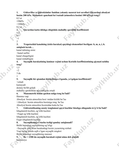 gidravlika va gidrotizimlar fanidan yakuniy nazorat test savollari — DOCX
