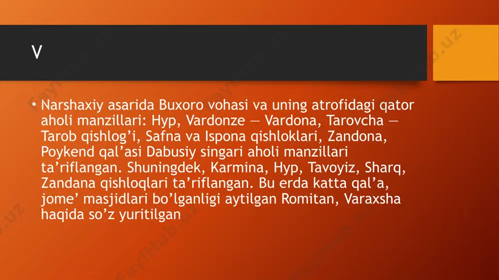 g xx asr oxirlarigacha obod savdo-hunarmandchilik shaharchasi boʻlib kelganligini koʻrsatadi. narshaxiyning yozishicha, bu katta bir qishloq boʻlib, koʻhandizga, katta va mustahkam hisorga ega. u turkistonning chegarasida joylashgan. u joyda har haftada bir kuni bozor boʻlib savdogarlar koʻp kelar akademik yahyo gʻulomovning arxeologik va etnolografik kuzatishlari vardonzening xx asr oxirlarigacha obod savdo-hunarmandchilik shaharchasi boʻlib kelganligini koʻrsatadi. xviii—xx asr boshlarida vardonze buxoro amirligining shofirkon tumani markazi boʻlgan. xviii—xix asrlarga kelib buxoro amirligi va xiva xonligi oʻrtasidagi ichki nizolardan vardonze ancha jabrlangan. sadriddin ayniy guvohlik berishicha, 1880-yillarda vardonze va uning atroflarini qattiq shamol natijasida kuchli qum bosadi. shunday boʻlishiga qaramasdan, vardonze xx asrning boshida ham obod boʻlib, savdo va hunarmandchilik markazi sifatidagi oʻz mavqeini saqlab qoldi foydalanilgan adabiyotlar shishkin v.a. varaxsha. m. 1963. baypakov k. i dr. drevniye goroda kazaxstana. alma-ata. 1971. m.v . vohidov ,, memorchilik” 2010. ochildeyev . ,, tarixiy ulkashunoslik” image2.png image3.png image4.jpeg image5.jpeg image6.jpeg image7.jpeg image8.jpeg image9.jpeg image10.png image1.png
