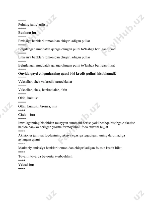 i ==== faqat qog‘oz pullar muomalada bo‘lishi tushuniladi ++++ monometallizm deganda: ==== bitta metallga barcha tovarlar qiymatini o‘zida aks ettiruvchi umumiy ekvivalent rolining biriktirib qo‘yilishi ==== ikki yoqlama valyuta tizimiga qonuniy tartibda umumiy ekvivalent rolini biriktirib qo‘yilishi ==== oqsoqlanuvchi valyuta tizimiga qonuniy tartibda umumiy ekvivalent rolining biriktirib qo‘yilishi ==== parallel valyuta tizimiga qonuniy tartibda umumiy ekvivalent rolini biriktirib qo‘yilishi ++++ yevropa ittifoqi nechanchi yildan evroni naqd pul sifatida muomalaga kiritgan? ==== 2002 yil 1 yanvardan ==== 2000 yil 1 yanvardan ==== 1999 yil 1 yanvardan ==== 2003 yil 1 yanvardan ++++ o‘zbekiston milliy valyutasi "so‘m" qachon muomalaga kiritilgan? ==== 1994 yil 1 iyulda ==== 1992 yil 15 noyabrda ==== 1995 yil 1 sentyabrda ==== 1993 yil 1 iyulda ++++ birinchi bo‘lib oltin tanga standartiga qaysi davlat o‘tgan? ==== angliya (1774 yilda) ==== hindiston (1764 yilda) ==== italiya (1772 yilda) ==== germaniya (1867yilda) ++++ inflyatsiya so‘zining lug‘aviy ma’nosi nima? ==== ko‘pchish, …