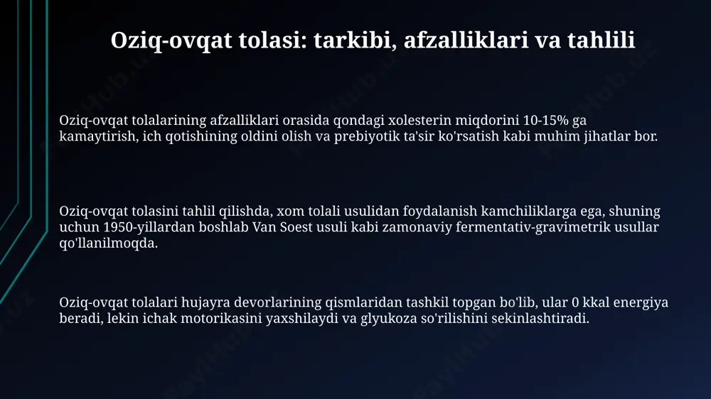 li molekulalarni shakllantiradi. suvning ahamiyati va uni oziq-ovqatda aniqlash usullari suv oziq-ovqat mahsulotlarining tuzilishiga, ta'miga va saqlash muddatiga katta ta'sir ko'rsatadi. refraktometriya suvning mavjudligini aniqlashda tezkor usul hisoblanadi; u suv miqdorini sinish ko'rsatkichi orqali aniqlaydi. oziq-ovqat mahsulotlarida suv miqdorini aniqlashning eng keng tarqalgan usuli - bu quritish usuli. bu usulda namuna 105°c da doimiy og'irlikgacha quritiladi va og'irlik yo'qolishi suv miqdorini aniqlash uchun ishlatiladi. suvning miqdori oziq-ovqat mahsulotlarining buzilish tezligiga ta'sir qiladi; yuqori namlik mikroorganizmlar o'sishi uchun qulay sharoit yaratadi. karl fischer titrlash usuli 0.001% dan 100% gacha suvni aniqlashda aniqlikni ta'minlaydi. oziq-ovqat qo'shimchalari: turlari, funktsiyalari va xavfsizligi oziq-ovqat qo'shimchalari konservantlar (e200-e299), bo'yoqlar (e100-e199) va tat beruvchilar kabi turli xillarga bo'linadi. ularning vazifasi mahsulot sifatini oshirish, saqlash muddatini uzaytirish yoki tashqi ko'rinishini yaxshilashdir. oziq-ovqat qo'shimchalarining turi, vazifalari va xavfsizligi haqida ma'lumotlar ko'plab davlatlar, masalan, yevropa ittifoqi, oziq-ovqat qo'shimchalarini e raqamlari bilan belgilaydi. ularning xavfsizligi efsa (yevropa oziq-ovqat xavfsizligi agentligi) tomonidan …