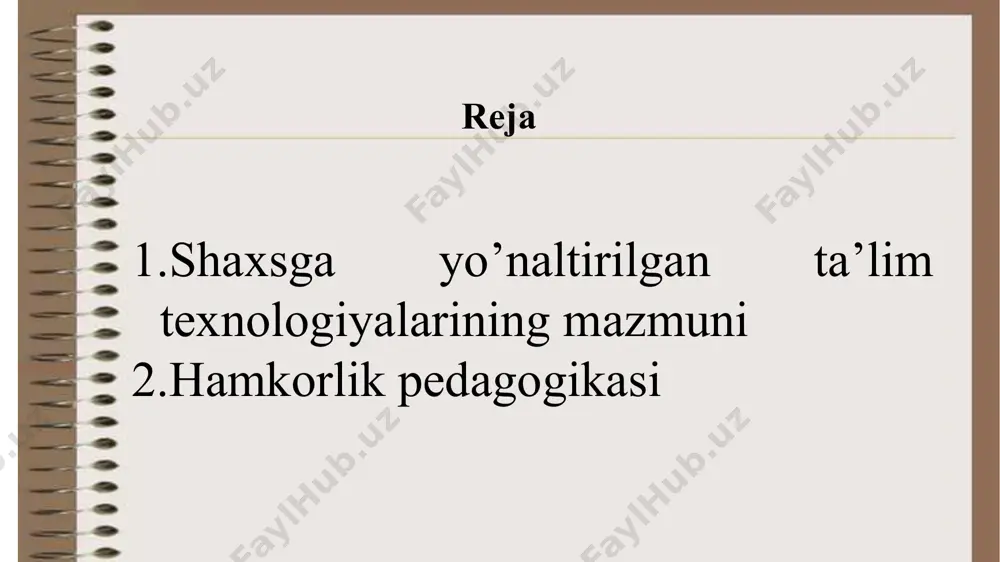 3.tarbiya konsepsiyasi 4.atrof-muhitni pedagogizatsiyalash. . shaxsiy –insonparvarlik yondashuvi - bolalarga muhabbat, ularning taqdiriga qiziqish - boladagi umidli ishonch - hamkorlik muloqot mahorati - to’g’ridan – to’g’ri majbur qilishni bekor qilish - ijobiy rag’batlantirishning muhimligi - bolalardagi kamchiliklarga sabrli bo’lish - xato qilish huquqi 2. didaktik faollashtiruvchi va rivojlantiruvchi - ta’lim mazmuni shaxs rivojlanishininhg mazmuni sifatida qaraladi - bilim, ko’nikma va malakalarni hosil qilish va umumlashgan fikrlashga o’rgatish - maktab fanlarini integratsiyalash, umumlashtirishga o’tilishi -ta’limni variantliligi va tabaqalashganligi -o’rgatishni ijobiy rag’batlantirishdan foydalanish . 3. tarbiya konsepsiyasi. -barcha tarbiyaviy tizimlar markazida talaba shaxsini qo’yish -tarbiyaga insonparvar yondashuv -milliy va madaniy a’analarni tiklash -individual va jamoaviy tarbiyani hisobga olish 4. atrof-muhitni pedagogizatsiyalash. oila, maktab, ijtimoiy muhit o’sib kelayotgan avlodni shakllantiruvchi muhim ijtimoiy institutlar sifatida aks etadi. guruhda ishlash qoidalari: har kim o‘z hamkasblari nutqini xushmuomalalik bilan tinglashi zarur; har kim faol, birgalikda ishlashi, berilgan topshiriqqa mas’uliyatli yondashishi zarur; har kim yordamga muhtoj bo‘lganda …