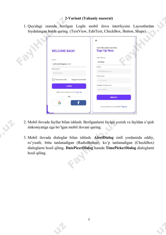 . sharedpreferences sinfidan foydalangan holda foydalanuvchi grafik interfeysi holatini saqlang. 3. fragmentlar bilan ishlash. mobil ilovada 3 ta fragment aniqlang va bottomnavigationdan foydalangan holda ularni boshqaring. bottomnavigation 6-variant (yakuniy nazorat) 1. quyidagi rasmda berilgan mobil ilova interfeysini layoutlardan foydalangan holda quring. (textview, radiobutton, button). 2. mobil ilovada dialoglar bilan ishlash. alertdialog sinfi yordamida oddiy, ro’yxatli, bitta tanlanadigan (radiobutton), ko’p tanlanadigan (checkbox) dialoglarni hosil qiling. datepicerdialog hamda timepickerdialog dialoglarni hosil qiling. dialoglarga qayta ishlash hodisasini o’rnating. 3. mobil ilovada recyclerview dan foydalangan holda quyidagi murakkab ro’yxatni hosil qiling. 7-variant (yakuniy nazorat) 1. quyidagi rasmda berilgan buyurtmani hisoblash mobil ilova interfeysini layoutlardan foydalangan holda quring. (textview, radiobutton, button). 4. mobil ilovada menular bilan ishlash. mobil ilovada menularni hosil qiling. menu bo’limlarini tanlaganda hodisani o’rnating. 2. mobil ilovada recyclerview dan foydalangan holda quyidagi murakkab ro’yxatni hosil qiling. 8-variant (yakuniy nazorat) 1. quyidagi rasmda berilgan mobil ilova interfeysini layoutlardan foydalangan holda quring. (cardview, imageview, …