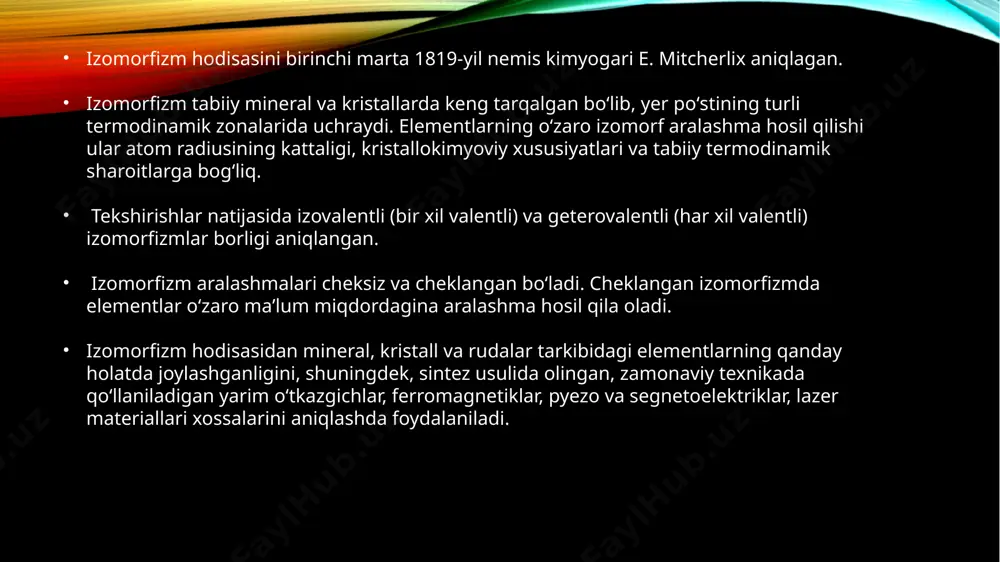 cr, alyuminiyning o‘rnini egallaydi. murakkab holat ham ,izovalent va geterovalent izomorfizmlar bir paytda,bir mineralning o’zida namoyon bo’lishi mumkin. misol qilib,ilmenorutil-styuverit izomorf qatorini ko’rsatish mumkin. elementlarning murakkab izomorf almashinishi natijasida o’sha minerallarning fizik xususiyatlari:solishtirma og’rirligi,qattiqligi ham o’zgaradi. e’tiboringiz uchun rahmat image2.png image3.png image4.gif image5.jpg image6.png image7.png image8.png image9.jpg image1.png