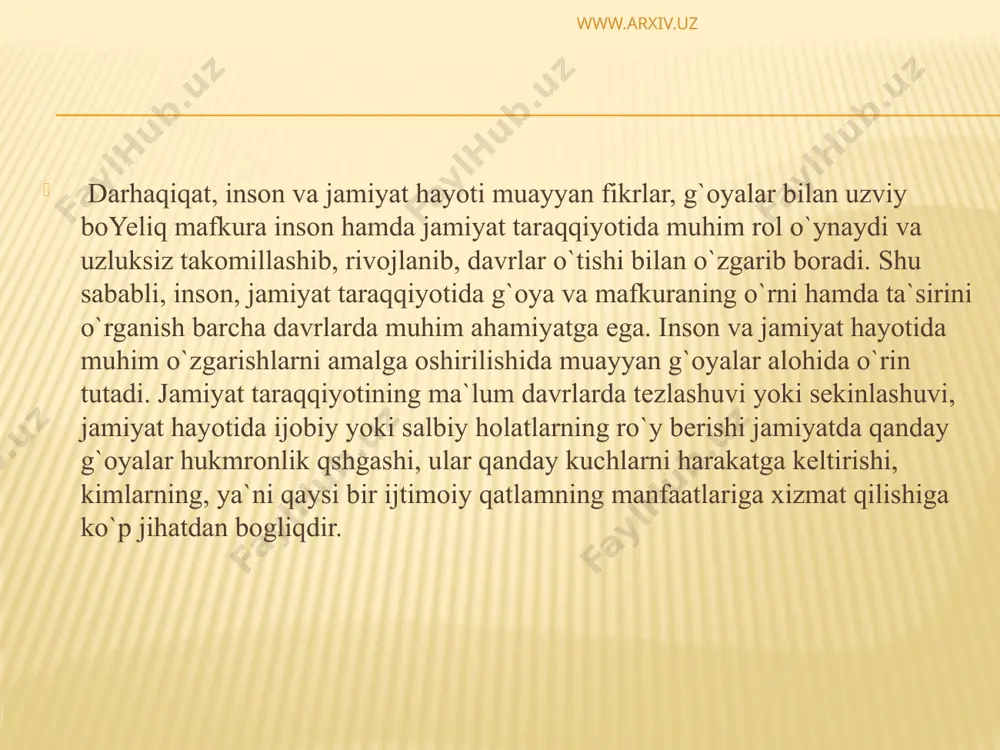 jud g`oyalar ta`sirida tarbiyaladi. muayyan qarashlar va g`oyalarni o`z e`tiqodiga singdira o`z navbatida yangi g`oyalarni yaratadi va targ`ib qiladi. я www.arxiv.uz g`oyaning eng muhim xususiyati — insonni va jamiyatni maqsad sari yetaklaydigan, ularni harakatga ketiradigan, safarbar etadigan kuch ekanidadir. inson tafakkurining mahsuli sifatida g`oya milliymadaniy merosni, umuminsoniy qadriyatlarni, ijtimoiyma`naviy hayotni, tevarak olamni o`rganish, bilish jarayonida vujudga keladi. ijtimoiy ongning barcha shakllari ilmfan, falsafa, din, san`at va badiiy adabiyot, axloq, siyosat va huquq — muayyan bir g`oyalarni yaratadi, ularga tayanadi va ularni rivojlantiradi. mazmuni va namoyon bo`lish shakliga qarab, g`oyalarni bir qancha turlarga ajratish mumkin: — ilmiy g`oyalar; falsafiy g`oyalar; diniy g`oyalar; badiiy g`oyalar; ijtimoiysiyosiy g`oyalar; milliy g`oyalar; umuminsoniy g`oyalar va h.k. 1. ilmiy g`oyalar — fan taraqqiyotining samarasi, ilmiy kashfiyotlarning natijasi sifatida paydo bo`ladigan, turli fan sohalarining asosiy tamoyillari, ustuvor qoidalarini tashkil qiladigan ilmiy fikrlardir. fan taraqqiyoti uzluksiz va cheksizdir. bu jarayonda amaliyotda tasdiqlanmagan, eskirgan qarashlar yangi ilmiy g`oyalar bilan …