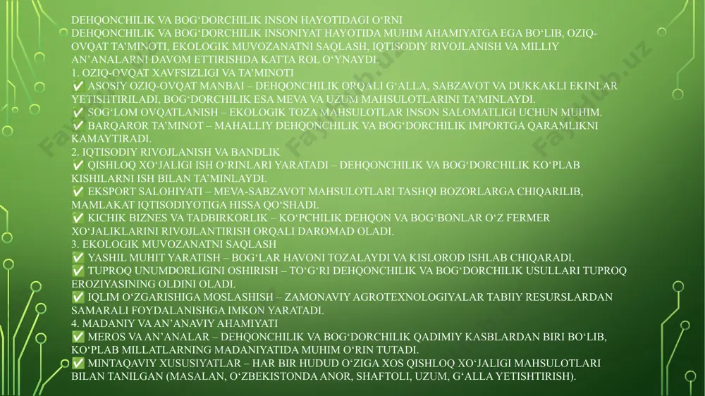 4. iqtisodiy va ijtimoiy ahamiyati ✅ mahalliy iqtisodiyot rivojlanishi – oziq-ovqat mahsulotlarini mahalliy yetishtirish fermer xo‘jaliklari va qishloq hududlarining iqtisodiy o‘sishiga turtki beradi. ✅ aholi bandligini ta’minlash – dehqonchilik va bog‘dorchilik ko‘plab insonlar uchun ish o‘rinlari yaratib, iqtisodiy barqarorlikni oshiradi. ✅ narx-navo barqarorligi – oziq-ovqat mahsulotlarini o‘zimiz yetishtirish orqali narxlarni barqaror saqlash va import mahsulotlarga bog‘liqlikni kamaytirish mumkin. an’anaviy va zamonaviy dehqonchilik dehqonchilik insoniyatning eng qadimgi faoliyatlaridan biri bo‘lib, u turli bosqichlarni bosib o‘tgan. an’anaviy va zamonaviy dehqonchilik bir-biridan texnologiyalar, ekin yetishtirish usullari va samaradorlik jihatidan farq qiladi. 1. an’anaviy dehqonchilik an’anaviy dehqonchilik uzoq yillar davomida ajdodlarimiz tomonidan qo‘llanilgan usullarni o‘z ichiga oladi. bu usullar asosan tabiiy sharoitga moslashgan bo‘lib, zamonaviy texnologiyalar kam qo‘llaniladi. xususiyatlari: ✅ qo‘l mehnatiga asoslangan – asosan belkurak, ketmon, omoch kabi oddiy asbob-uskunalardan foydalaniladi. ✅ organik usullar qo‘llaniladi – sun’iy o‘g‘itlar va kimyoviy vositalarsiz, tabiiy chirindi va go‘ng ishlatiladi. ✅ iqlim va tuproq sharoitiga bog‘liq – …