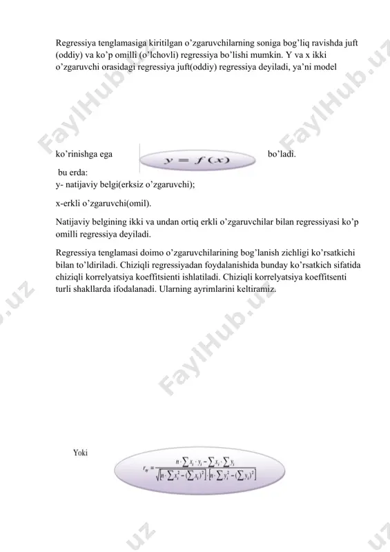 i o’zgaruvchi orasidagi regressiya juft(oddiy) regressiya deyiladi, ya’ni model ko’rinishga ega bo’ladi. bu erda: y- natijaviy belgi(erksiz o’zgaruvchi); x-erkli o’zgaruvchi(omil). natijaviy belgining ikki va undan ortiq erkli o’zgaruvchilar bilan regressiyasi ko’p omilli regressiya deyiladi. regressiya tenglamasi doimo o’zgaruvchilarining bog’lanish zichligi ko’rsatkichi bilan to’ldiriladi. chiziqli regressiyadan foydalanishida bunday ko’rsatkich sifatida chiziqli korrelyatsiya koeffitsienti ishlatiladi. chiziqli korrelyatsiya koeffitsenti turli shakllarda ifodalanadi. ularning ayrimlarini keltiramiz. chiziqli korrelyatsiya koeffitsientining qiymati [-1,1] orlig’ida yotadi, ya’ni -1 0bo’lsa, u holda 0<rxy<1bo’ladi, ya’ni bog’lanish to’g’ri bog’lanish bo’ladi, aks holda b<0bo’lganda -1<rxy< 0bo’lib, bog’lanish teskari bo’ladi. 3-savol. bir turdagi mahsulot ishlab chiqarish korxonalar guruhi bo'yicha quyidagi ma'lumotlar berilgan: korxona raqami 1 2 3 4 5 6 7 jami ishlab chiqargan mahsulot hajmi ming. bir 1 2 4 3 5 3 4 22 ishlab chiqarishga harajatlar mln.so'm 30 70 150 100 170 100 150 770 bu ma'lumotlar asosida quyidagilarni aniqlang: 1) darajali funktsiya ko'rinishidagi regressiya tenglamasi parametrlari, korrelyasiya indeksini. …