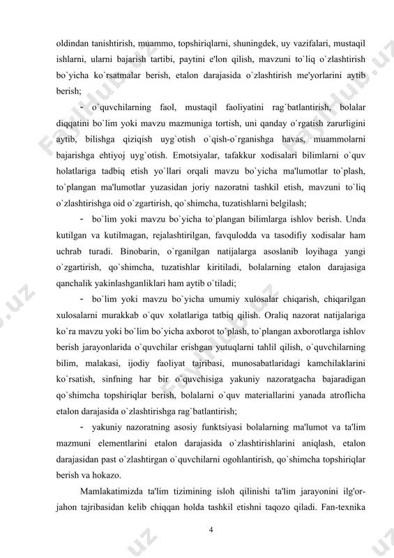 kutilmagan, rejalashtirilgan, favqulodda va tasodifiy xodisalar ham uchrab turadi. binobarin, o`rganilgan natijalarga asoslanib loyihaga yangi o`zgartirish, qo`shimcha, tuzatishlar kiritiladi, bolalarning etalon darajasiga qanchalik yakinlashganliklari ham aytib o`tiladi; · bo`lim yoki mavzu bo`yicha umumiy xulosalar chiqarish, chiqarilgan xulosalarni murakkab o`quv xolatlariga tatbiq qilish. oraliq nazorat natijalariga ko`ra mavzu yoki bo`lim bo`yicha axborot to`plash, to`plangan axborotlarga ishlov berish jarayonlarida o`quvchilar erishgan yutuqlarni tahlil qilish, o`quvchilarning bilim, malakasi, ijodiy faoliyat tajribasi, munosabatlaridagi kamchilaklarini ko`rsatish, sinfning har bir o`quvchisiga yakuniy nazoratgacha bajaradigan qo`shimcha topshiriqlar berish, bolalarni o`quv materiallarini yanada atroflicha etalon darajasida o`zlashtirishga rag`batlantirish; · yakuniy nazoratning asosiy funktsiyasi bolalarning ma'lumot va ta'lim mazmuni elementlarini etalon darajasida o`zlashtirishlarini aniqlash, etalon darajasidan past o`zlashtirgan o`quvchilarni ogohlantirish, qo`shimcha topshiriqlar berish va hokazo. mamlakatimizda ta'lim tizimining isloh qilinishi ta'lim jarayonini ilg'or-jahon tajribasidan kelib chiqqan holda tashkil etishni taqozo qiladi. fan-texnika taraqqiyoti texnologiyani fan sifatida o'rganishni, keyinchalik esa o'quv jarayonini ham texnologiyalashtirishga olib keldi. metodlar yordamida ta'limning maqsadi …