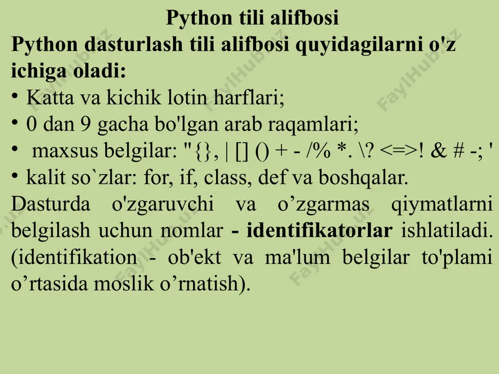 ʻrinishi. 1. butun sonlar: 1, 2, 3 va boshqalar. int ma'lumotlar turidan foydalanish. 2. haqiqiy sonlar: 9.99 yoki 3.1415. ular oldindan float ma'lumotlar turi yordamida o'rnatiadi. 3. satrlar: "robot" yoki "master" kabi belgilar ketma-ketligi. ular str ma'lumotlar turi yordamida ifodalanadi. 4. mantiqiy kattaliklar: true yoki false. ular bool turi yordamida ifodalanadi. 5. none: qiymat yo'qligini ifodalovchi maxsus ma'lumotlar turi. ko'pincha qiymatga ega bo’lmagan yoki initsializatsiya qilinmagan o’zgaruvchilar uchun ishlatiladi. arifmetik amallar. python dagi amallar quyidagi jadvalda berilgan. amal arifmetik operator algebraik ifoda c++dagi ifodasi. qo'shish + h+19 h+19 ayirish - f-u f-u ko'paytirish * sl s*l bo'lish / v/d v/d bo’linmadagi qoldiqni xisoblash % k mod 4 k%4 qoldiqsiz bo’lish // k//4 darajaga oshirish ** k**3 misol: x=30 y =3 print(x + y) # natija: 33 print(x — y) # natija : 27 print(x * y) # natija : 90 print(x / y) # natija : 10.0 konkatenatsiya: ikki yoki …