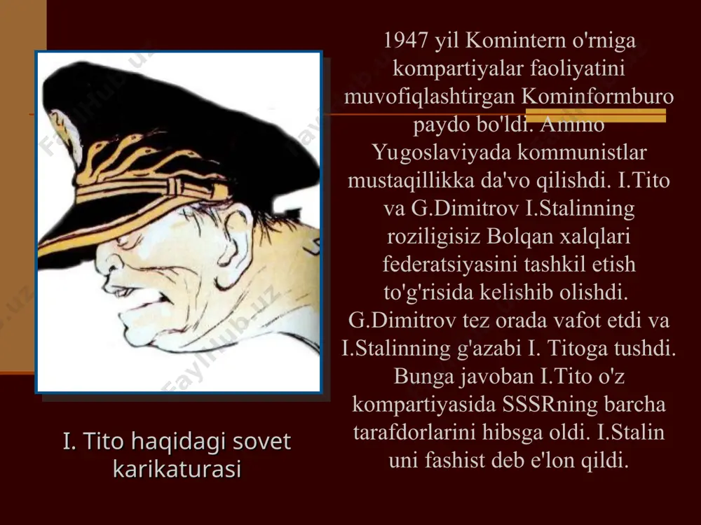 partiyaga aylantirdi. “baxmal inqiloblari" 1990 yil-bolgariyada dissident j. jelev prezident bo'ldi. 1989 yil chexoslovakiyada v. gavel hokimiyatga keldi. 1989 yil gdrda e. xoneker iste'foga ketdi. 1990 yilgi saylovda xds (germaniya birlashuvi tarafdorlari) g'alaba qozondi. 1989 yil dekabr-ruminiya diktatori n. chaushesku ag'darildi. 80-yillarning oxiri – sharqiy yevropaning deyarli barcha mamlakatlarida demokratik islohotlar boshlandi. xorvatiya, bosniya gersegovinada yashagan serblar bu davlatlarni serbiyaga qo'shilishga undadi. qurolli to'qnashuv qurolli yo'l: yugoslaviya 1991 yil yoz-yugoslaviyaning parchalanishi sloveniya xorvatiya makedoniya bosniya va gersegovina. yugoslaviya (serbiya va chernogoriya) slobodan miloshevich 1990 -1997 yillarda serbiya respublikasi prezidenti (yugoslaviya ittifoq respublikasi tarkibida). 1997 -2000 yil yugoslaviya ittifoq respublikasi prezidenti millatlararo nizolarni hal qilish serbiyada 1990-yillarning boshida yugoslaviyaning parchalanishidan keyin sodir bo'lgan ko`plab voqealar shuningdek, 1999 yilda nato harbiy kuchlarining aralashuviga olib kelgan bir qator etnik mojarolar va fuqarolik urushlari miloshevich nomi bilan bog'liq. ushbu nizolarning kelib chiqishda ba'zi tarixchilar miloshevichni asosiy aybdor deb bilishadi. boshqalar uning harakatlarida hech qanday …