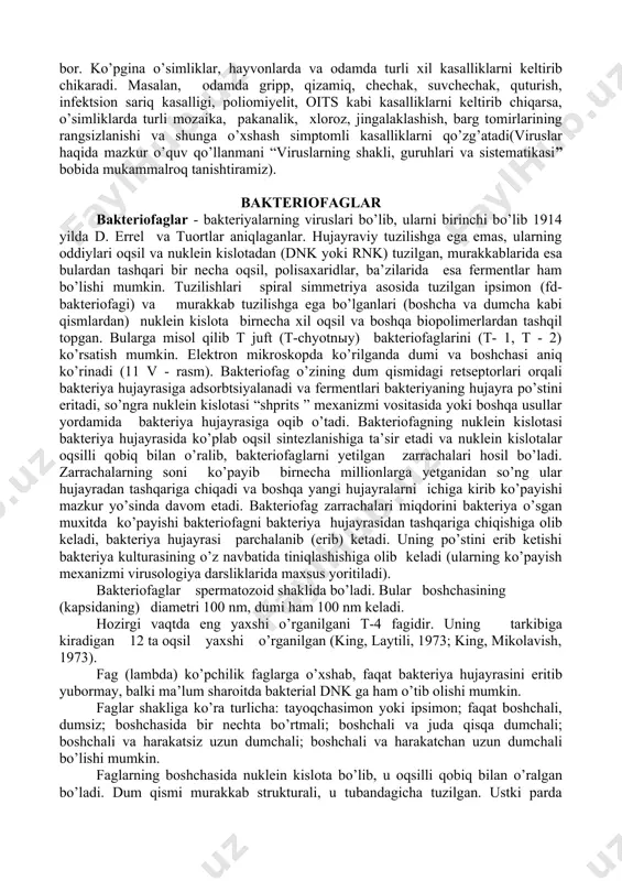 tinomikozni vujudga keltirishi mumkin. proaktinomitsetlar proaktinomitsetlar oziqa muxitida avval aktinomitsetlarga o’xshab o’sadi, shoxlangan substrat mitselii avval hosil qiladi. ammo tezlik bilan mitseliida ko’ndalang to’siqlar hosil bo’ladi va kalta ipcha, tayoqcha va kokkilarga bo’linadi. ularni oziq muxitiga ekilsa yana mitselii hosil qiladi. koloniyalari aktinomitsetlarnikidan farq qilib xamirsimoyen konsistentsiyaga ega. proaktinomitsetlarning ayrim turlarigina havo mitseliisini hosil qiladi. havo mitseliisidagi spora bandlarida tsilindrsimon sporalar vujudga keladi. kulturalari rangsiz. ba’zi vakillaridagina pigmentli bo’ladi. aktinomitsetlarda bo’ladigan antogonistik xususiyatlar proaktonomitsetlarda umuman bo’lmaydi yoki bu xususiyat kuchsiz namoyon namoyon bo’lishi mumkin. aktinomitsetlar tuproqda keng tarqalgan. aktinomikoz bilan kasallangan odam va hayvon tanalaridan ajratib olish mumkin. ba’zi vakillari mazkur kasalliklarni qo’zg’atuvchilar hisoblanadi. vakillaridan proacunomyces ruber (8-rasm), pr. bovis va bashqalarni ko’rsatish mumkin. mikobakteriyalar aktinomitsetlar tartibiga mikobakteriyalar oilasi ham kirib, ular grammusbat, yoshlik vaqtida egilgan va shoxlangan, harakatsiz tayoqchalardir. kalta mitseliy hosil kiladi va u tezgina kalta fragmentlarga parchalanib ketadi. bo’linib ko’payadi, spora hosil qilmaydi, ko’p vakillari odam va …