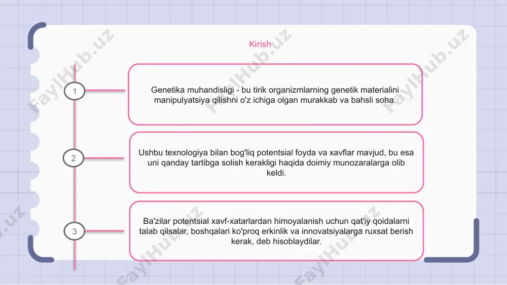 genetika muhandisligi, shuningdek, gen terapiyasi va terapevtik oqsillarni ishlab chiqarish orqali genetik kasalliklar va kasalliklarni davolash va oldini olish imkoniyatini beradi. axloqiy tashvishlar genetika muhandisligi organizmning dnksini o'ziga xos xususiyatlar yoki xususiyatlarni berish uchun o'zgartirishni o'z ichiga oladi. biroq, bu axloqiy tashvishlarni keltirib chiqaradi, chunki u kutilmagan oqibatlarga olib kelishi va ekotizimlarga potentsial zarar etkazishi mumkin. axloqiy amaliyotlarni ta'minlash uchun genetik muhandislikni qonun bilan tartibga solish zarur. bu genetik muhandislik texnikasidan noto'g'ri foydalanishning oldini olishga yordam beradi va genetik jihatdan o'zgartirilgan organizmlarni atrof-muhitga chiqarishdan oldin tegishli tadqiqot va sinovlar o'tkazilishini ta'minlaydi. bundan tashqari, qoidalar odamlarda genetik muhandislikdan foydalanish bo'yicha ko'rsatmalar beradi, genetik kamsitish, maxfiylik va rozilik kabi muammolarni hal qiladi. huquqiy qoidalarni amalga oshirish genetik muhandislikning potentsial afzalliklarini axloqiy mulohazalar bilan muvozanatlash uchun juda muhimdir. joriy tartibga solish landshafti genetik muhandislik uchun hozirgi tartibga soluvchi landshaft murakkab va munozarali mavzudir. ko'pgina mamlakatlarda ushbu texnologiyadan foydalanishni tartibga soluvchi turli xil qonunlar …